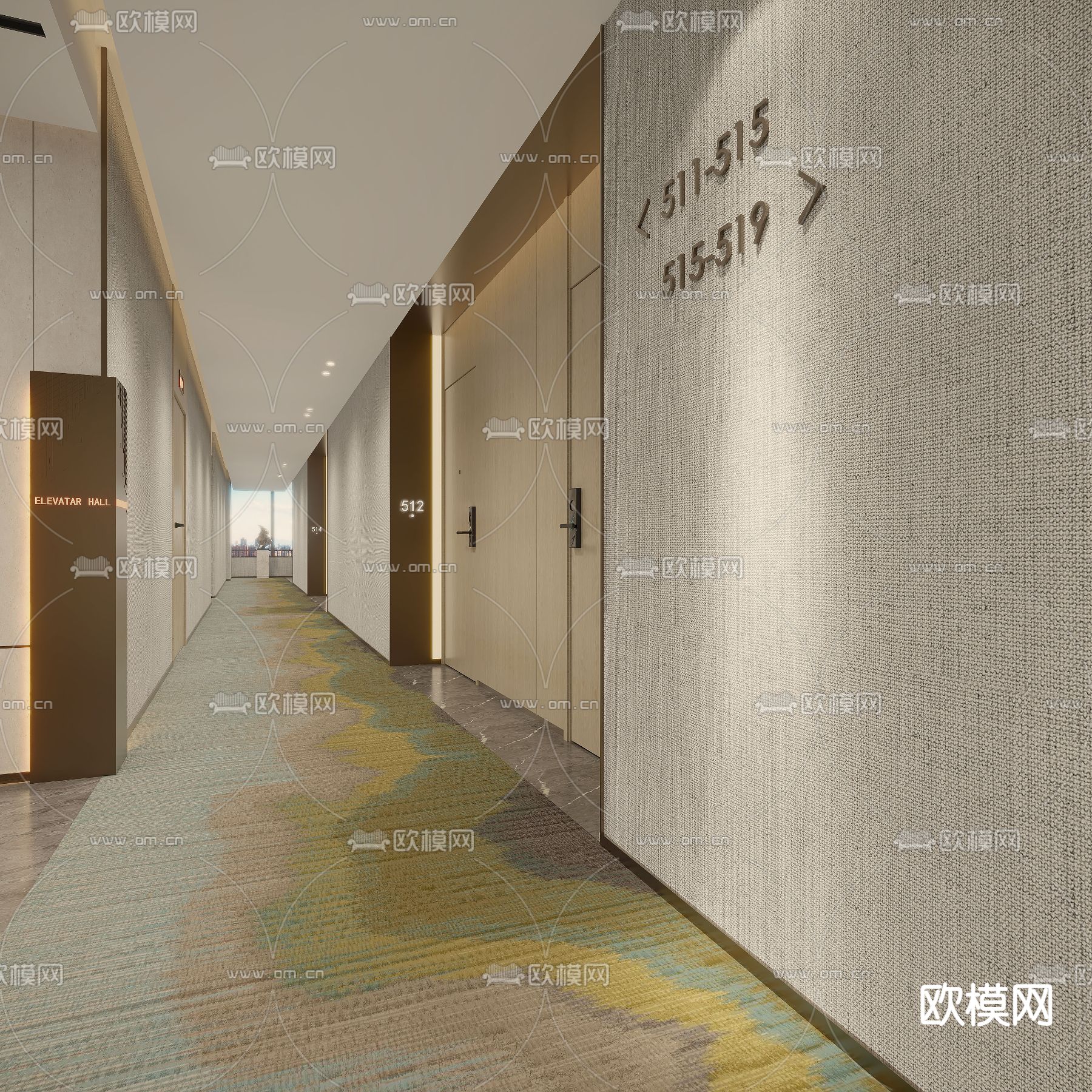 现代酒店电梯厅过道3d模型下载（渲染图2）