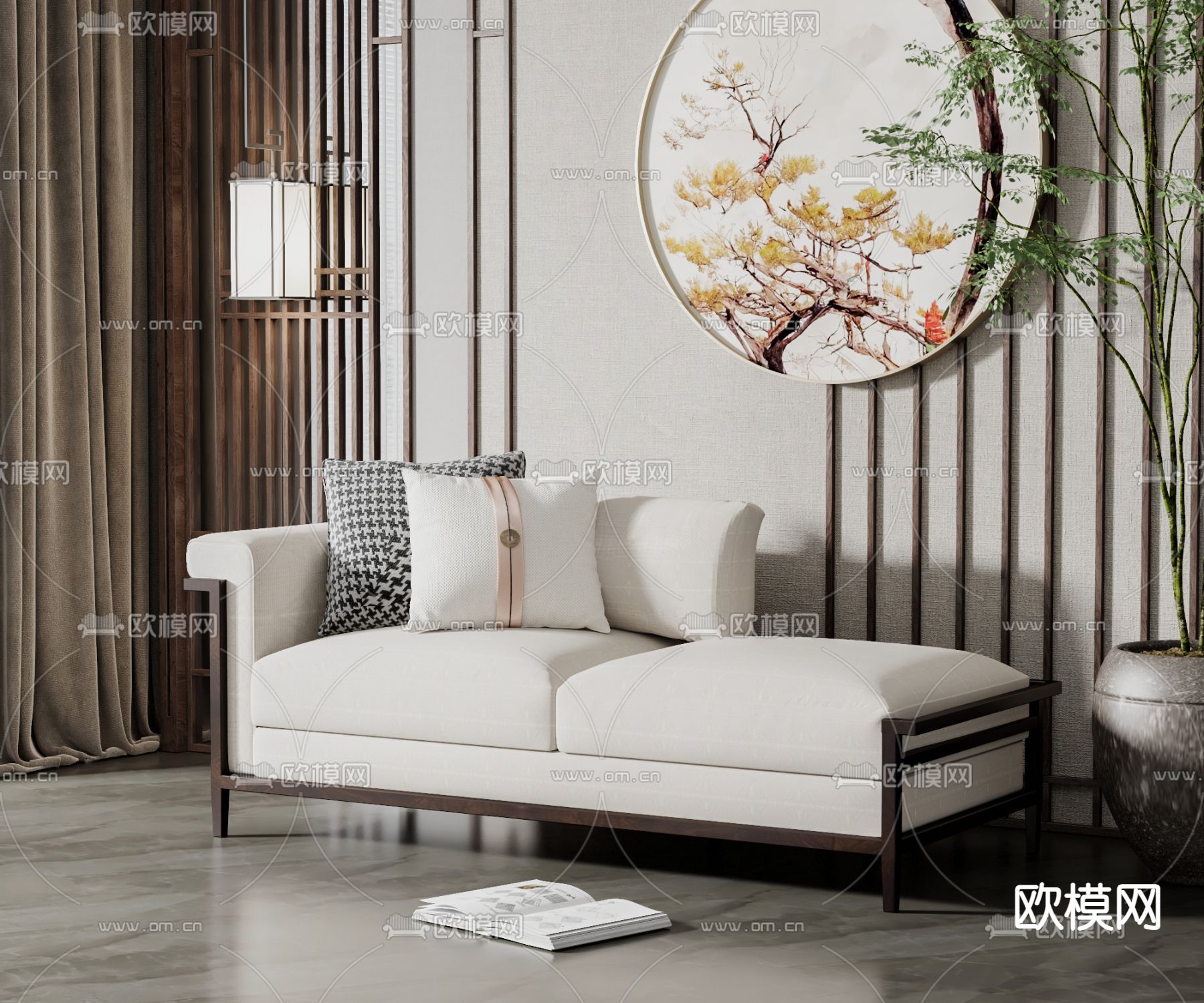 新中式米白色贵妃椅3d模型下载