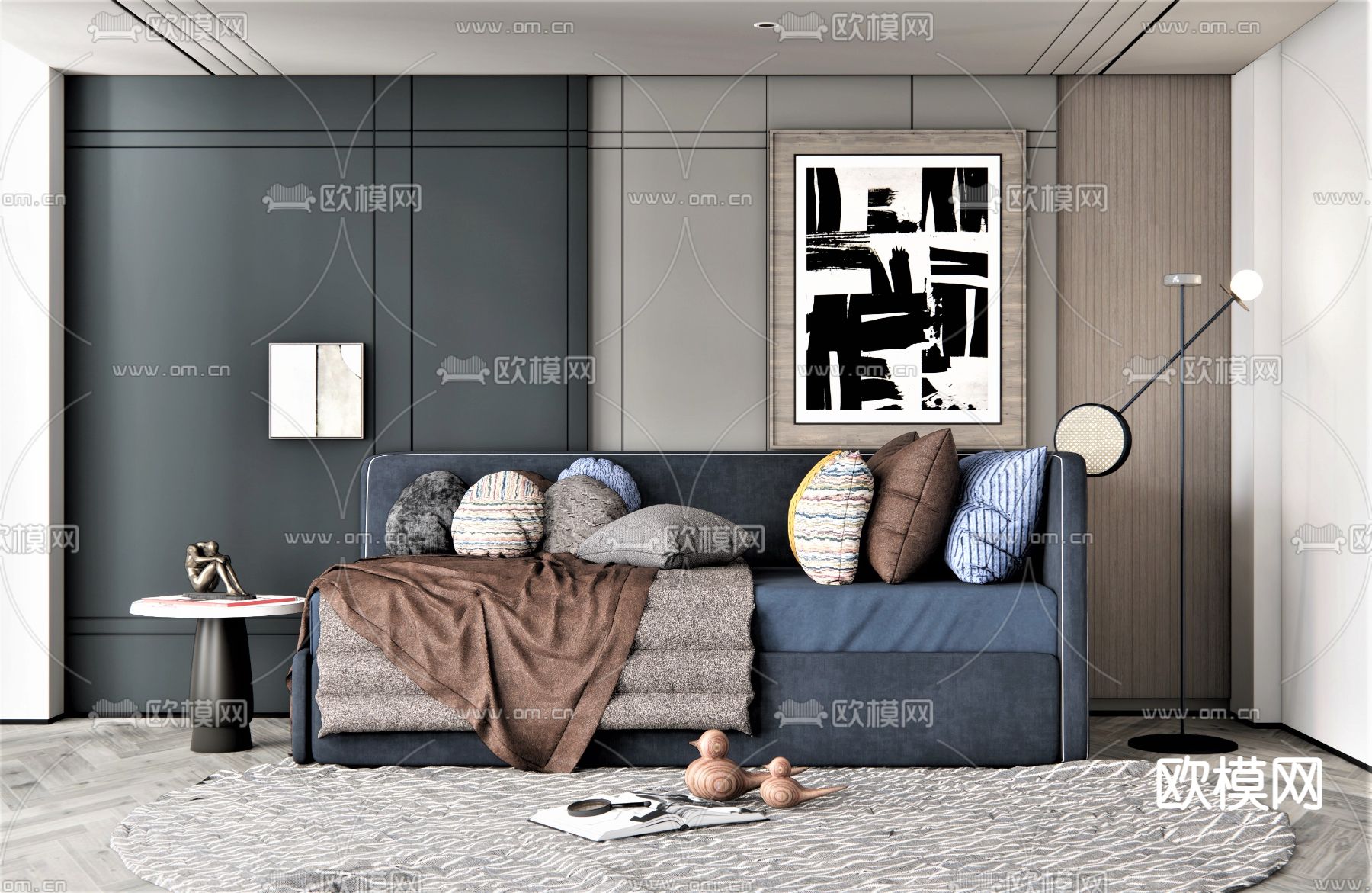 现代沙发床su模型下载（渲染图1）