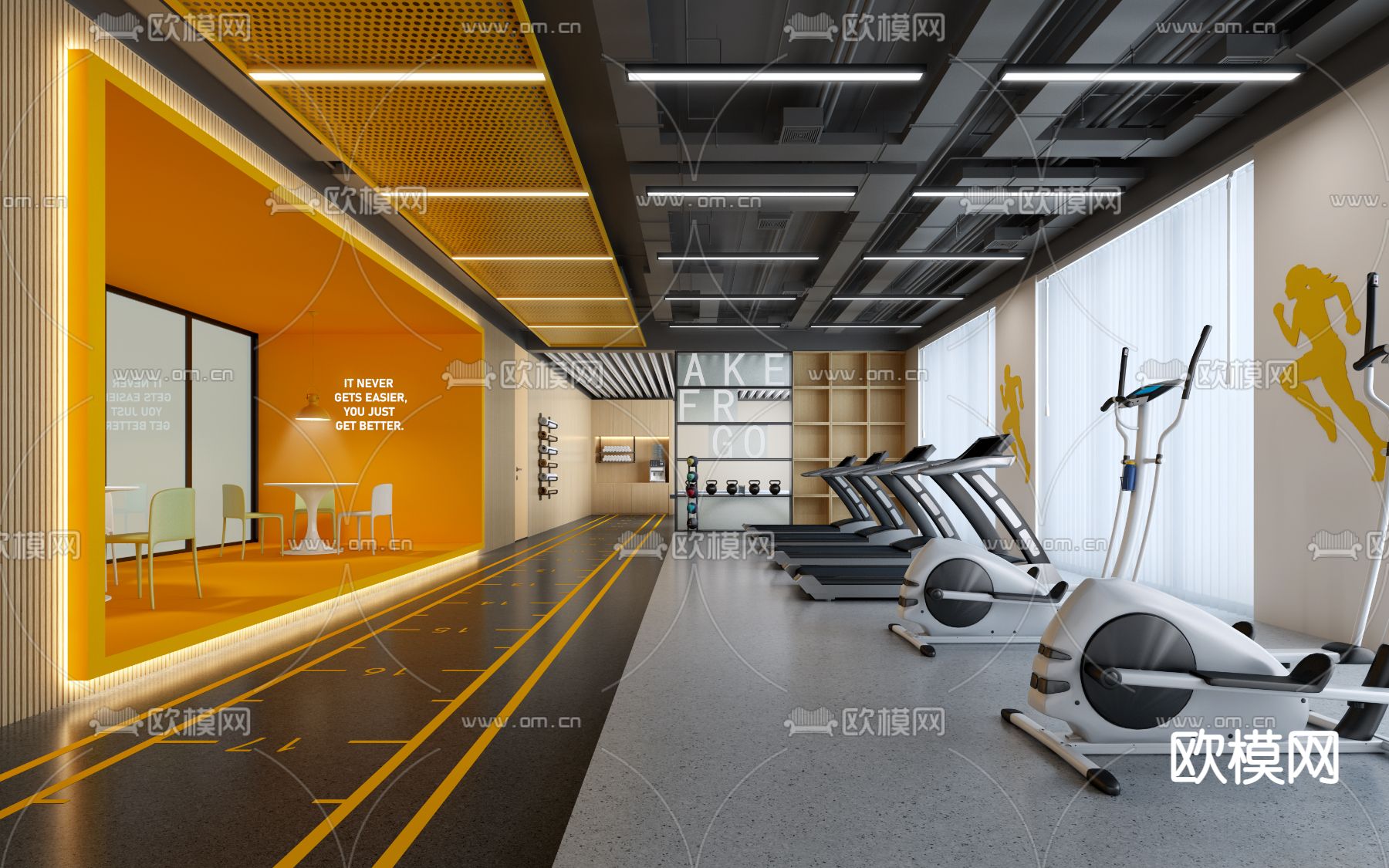 现代健身房跑步机休息区3d模型