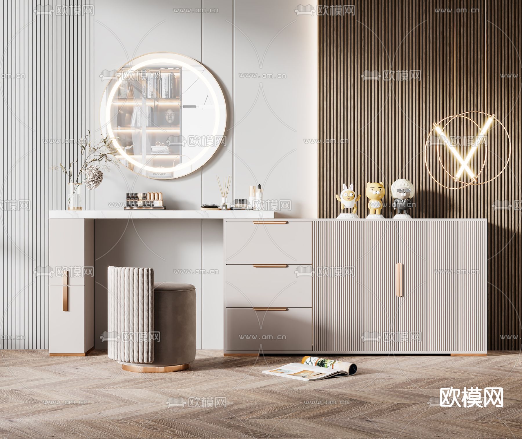 现代一体式梳妆台边柜3d模型下载