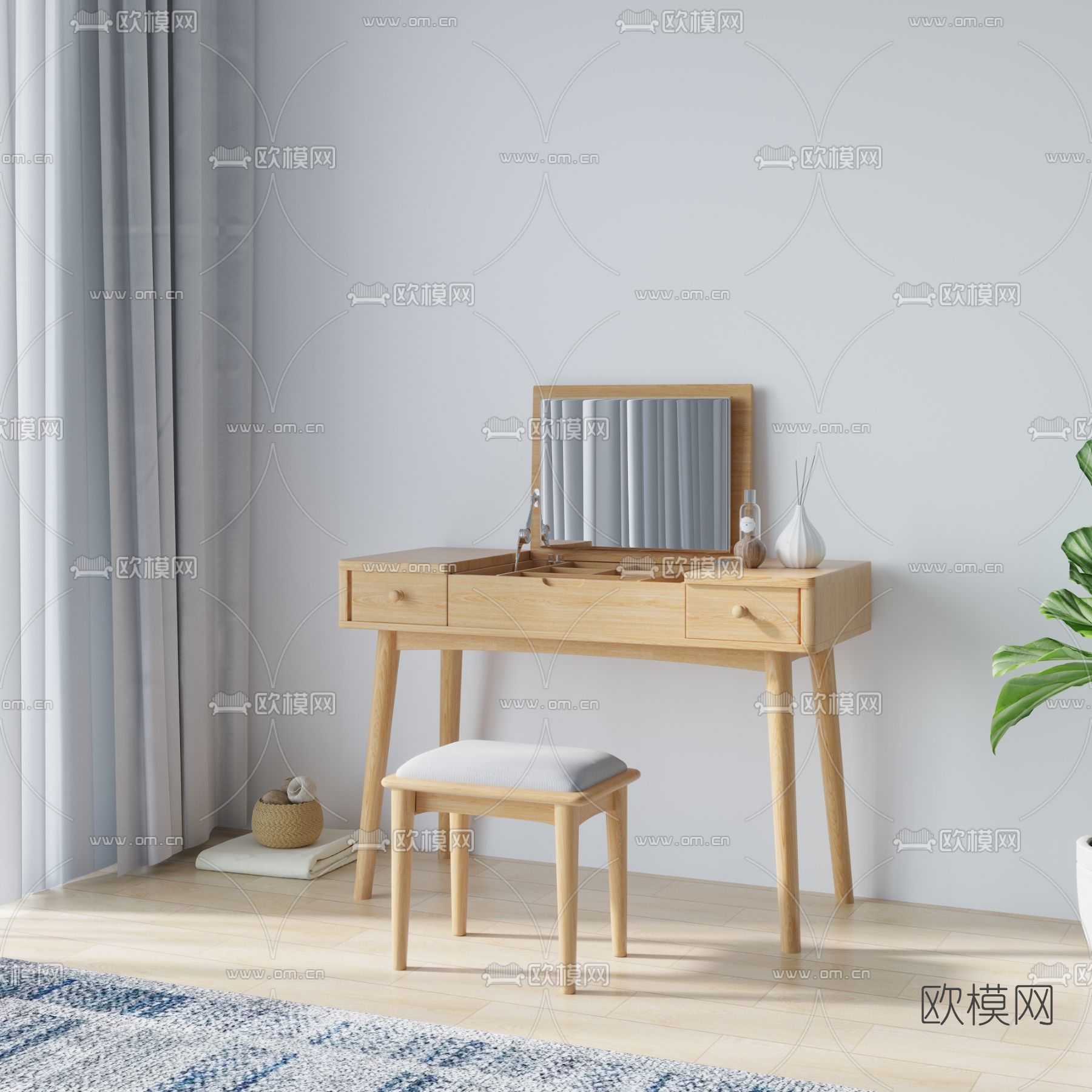 北欧原木梳妆台3d模型下载（渲染图1）