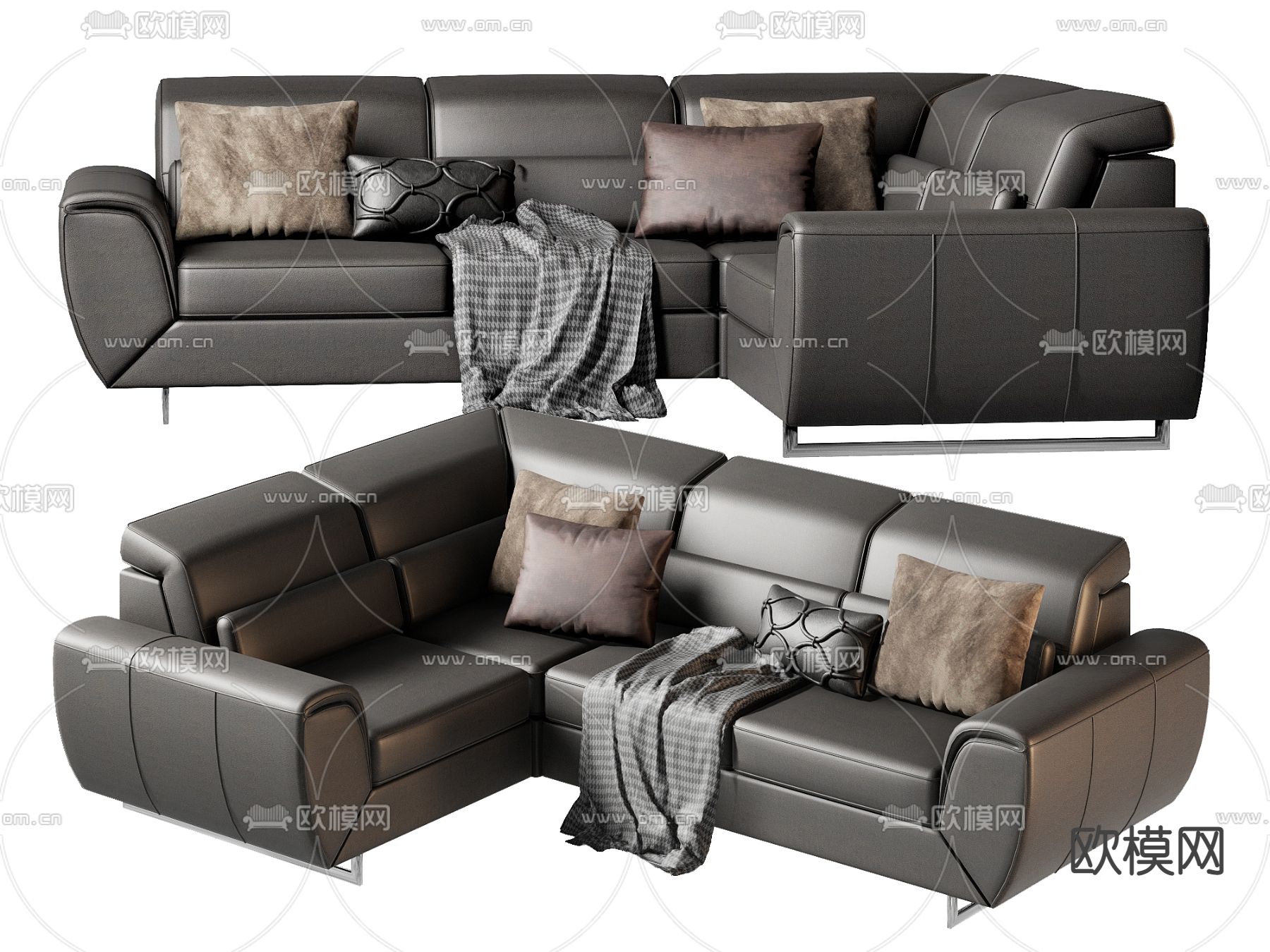 现代皮革多人沙发su模型下载（渲染图1）