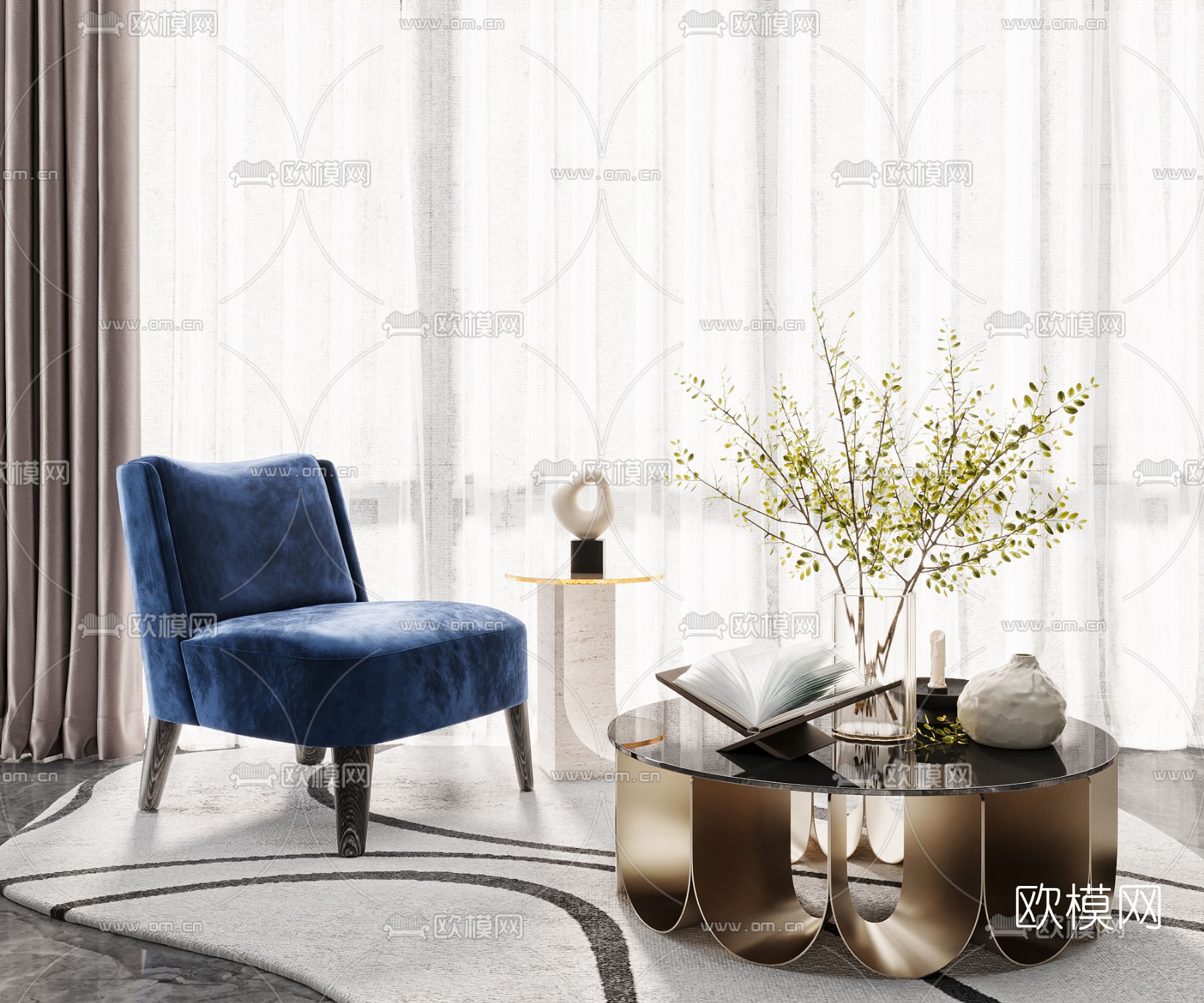现代深蓝色单人沙发茶几3d模型下载