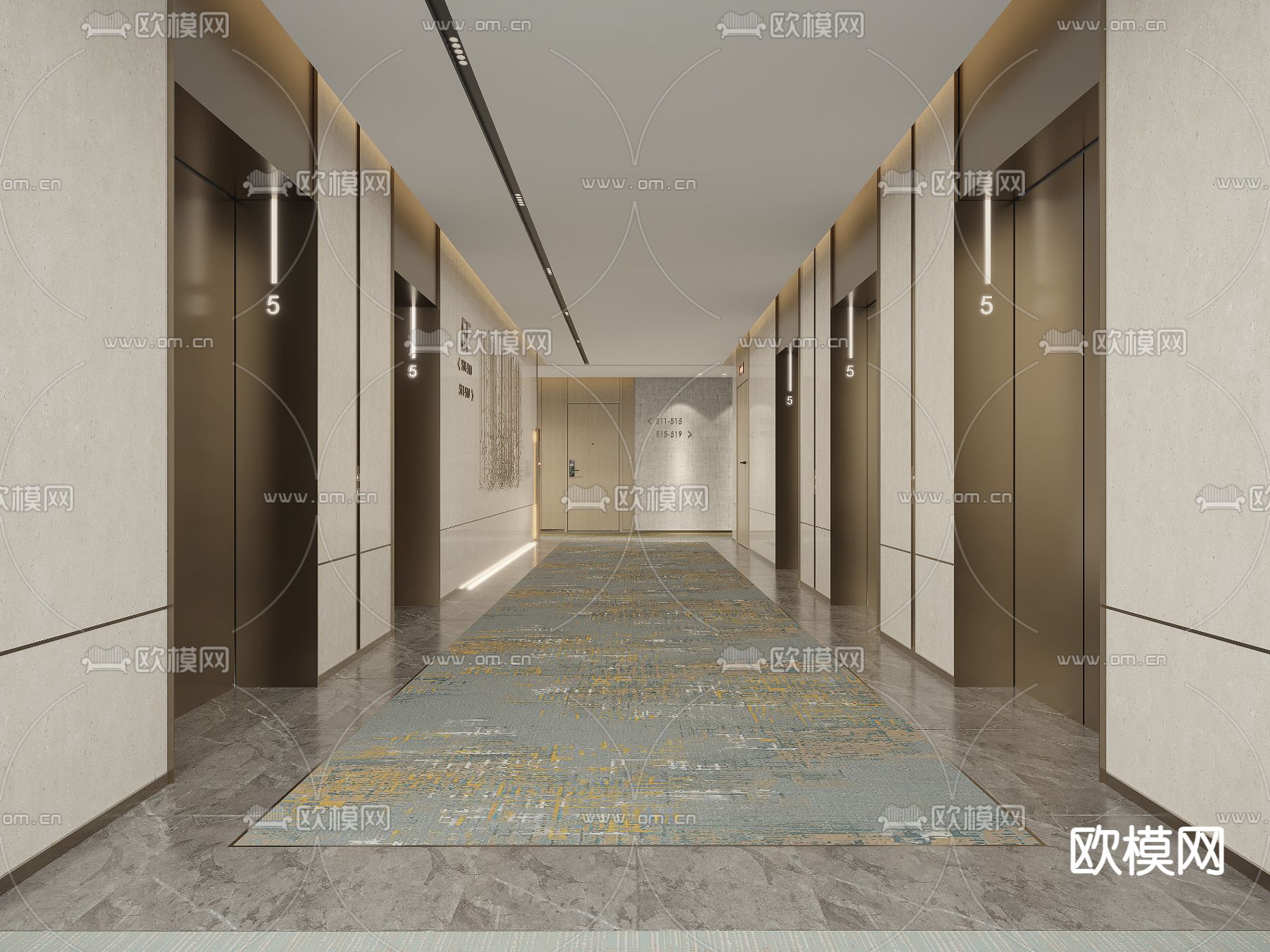 现代酒店电梯厅过道3d模型下载（渲染图1）