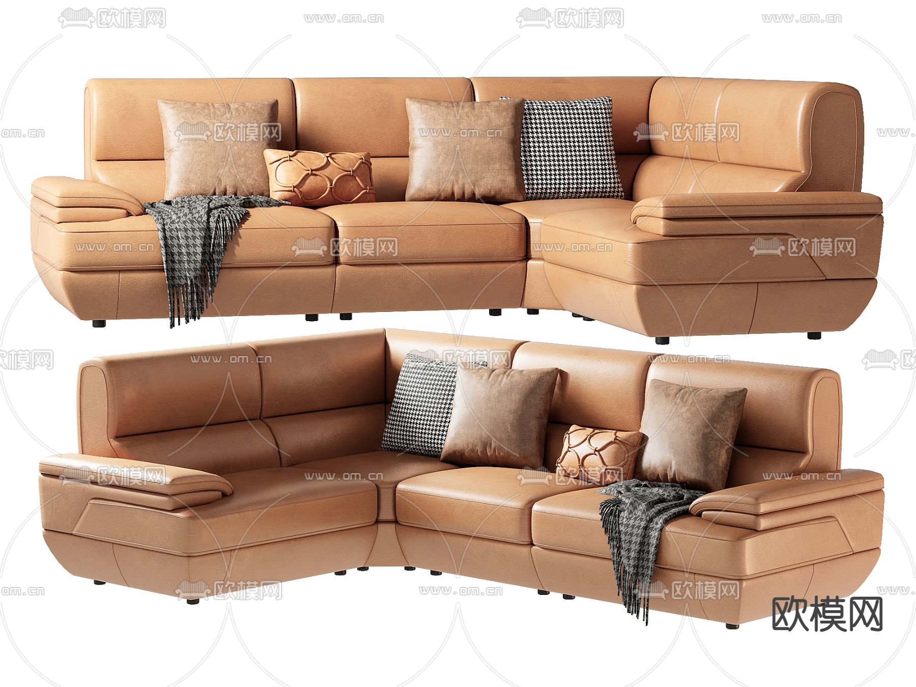 现代皮革多人沙发su模型下载（渲染图1）