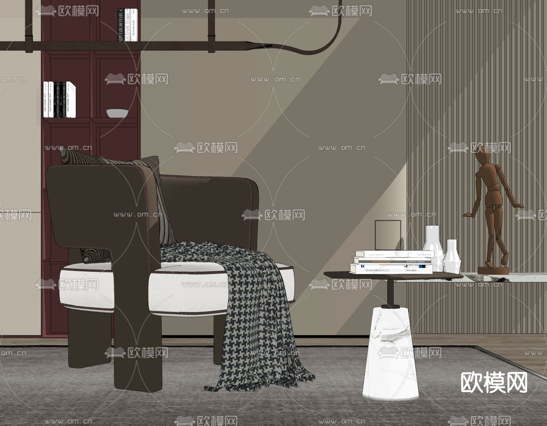 现代皮革休闲椅su模型下载（渲染图2）