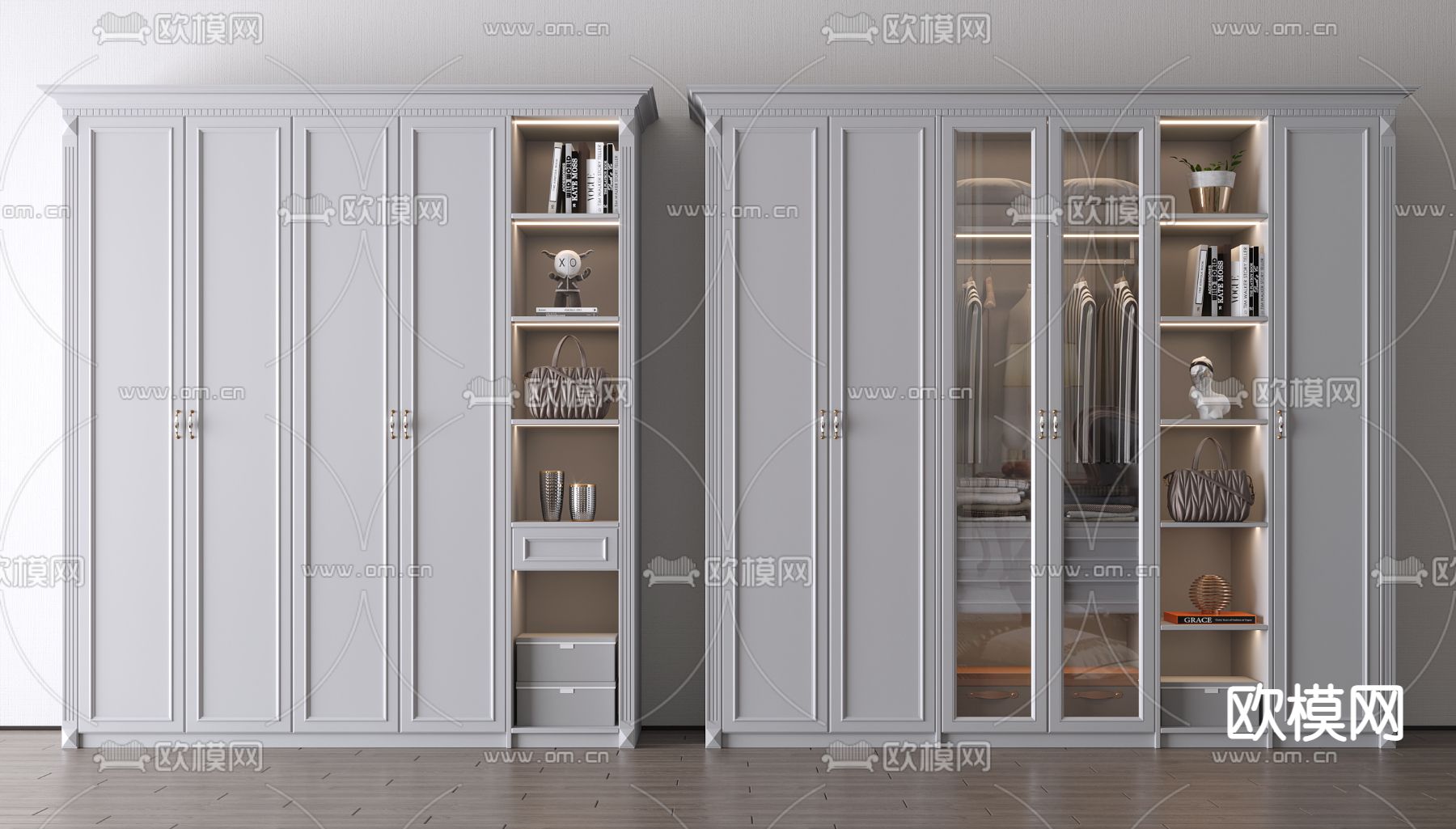 美式白色玻璃门衣柜3d模型下载