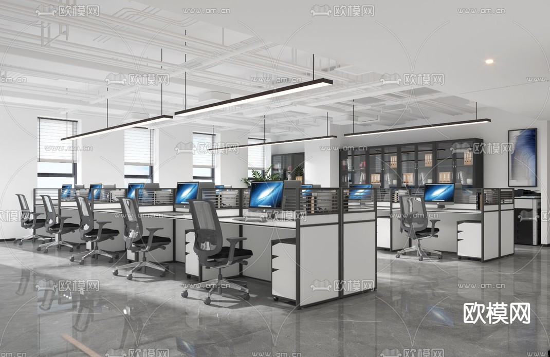 工业风敞开式办公区3d模型下载_ID11977786_3dmax免费模型-欧模网