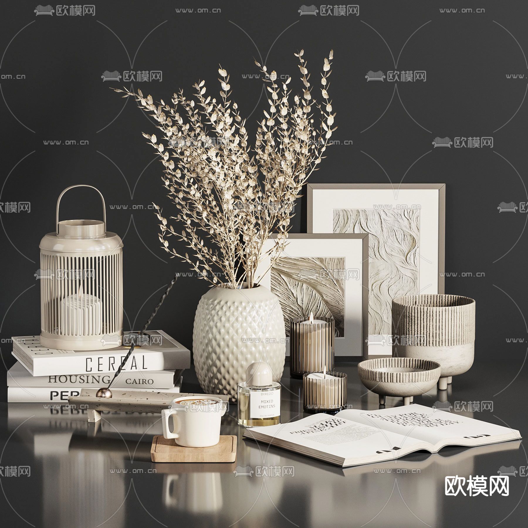 北欧干花花瓶相框饰品摆件3d模型下载（渲染图2）