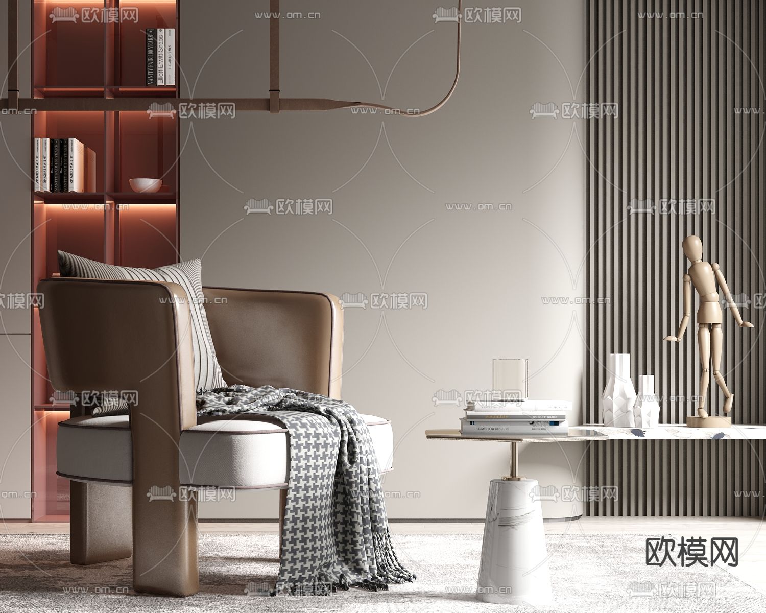 现代皮革休闲椅su模型下载（渲染图1）