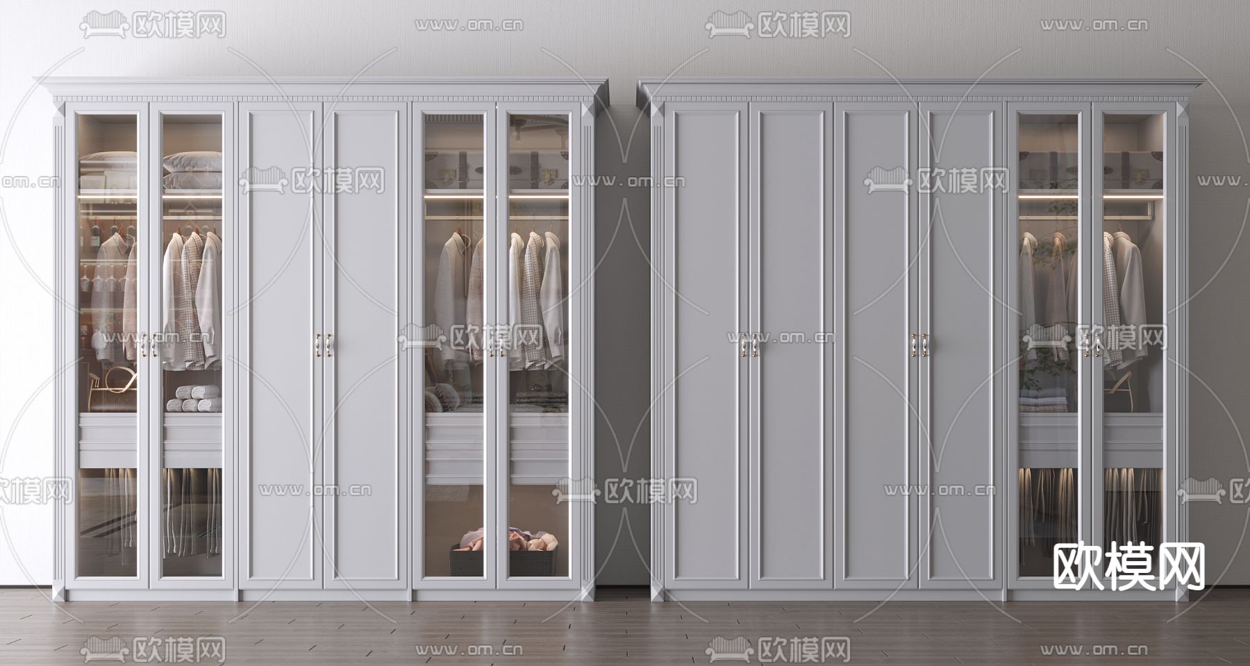 美式白色玻璃门衣柜3d模型下载