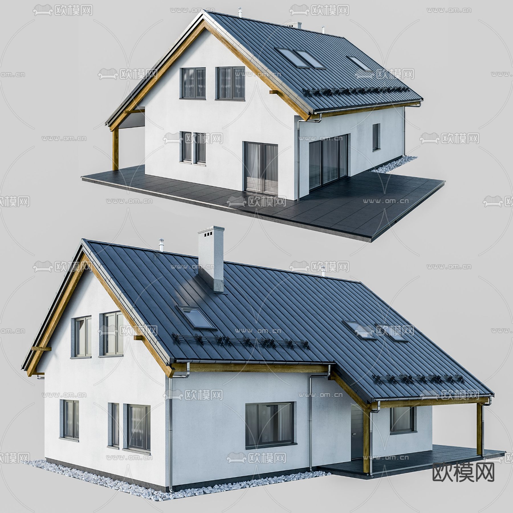 现代独栋别墅单楼外观3d模型下载（渲染图1）
