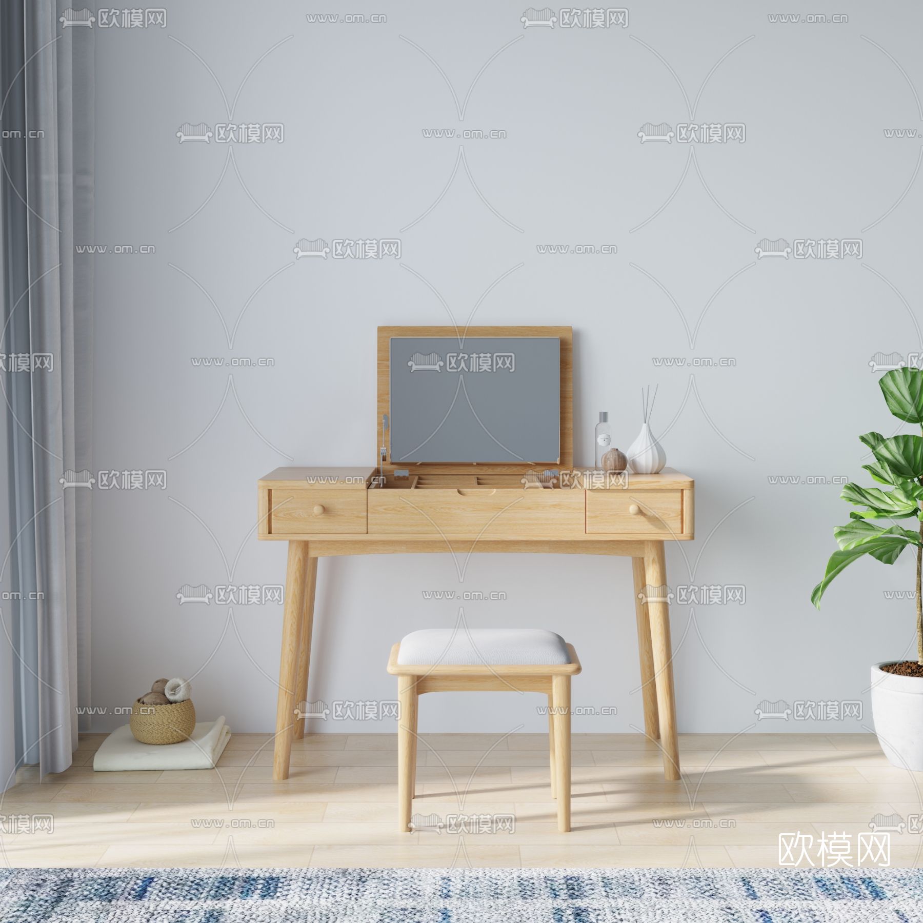 北欧原木梳妆台3d模型下载（渲染图2）