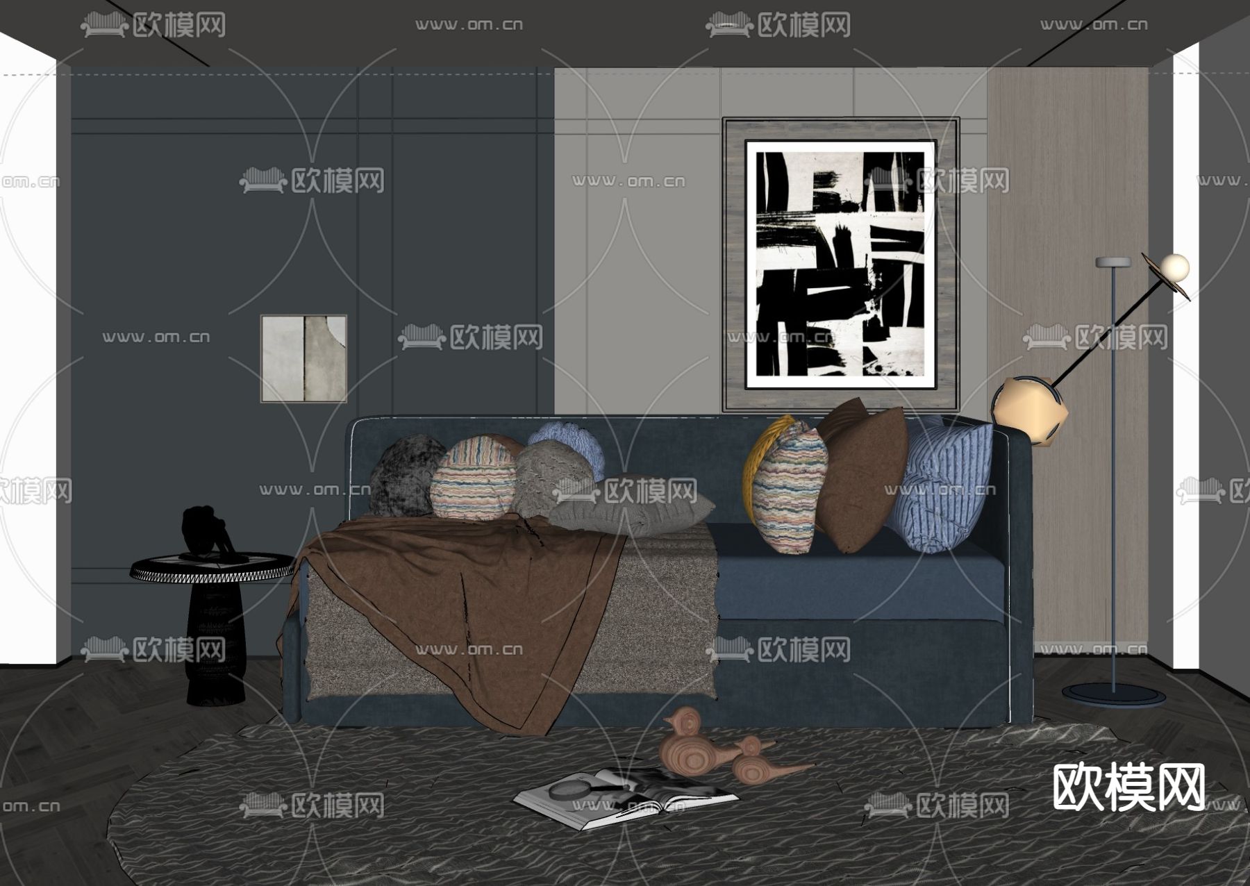 现代沙发床su模型下载（渲染图2）