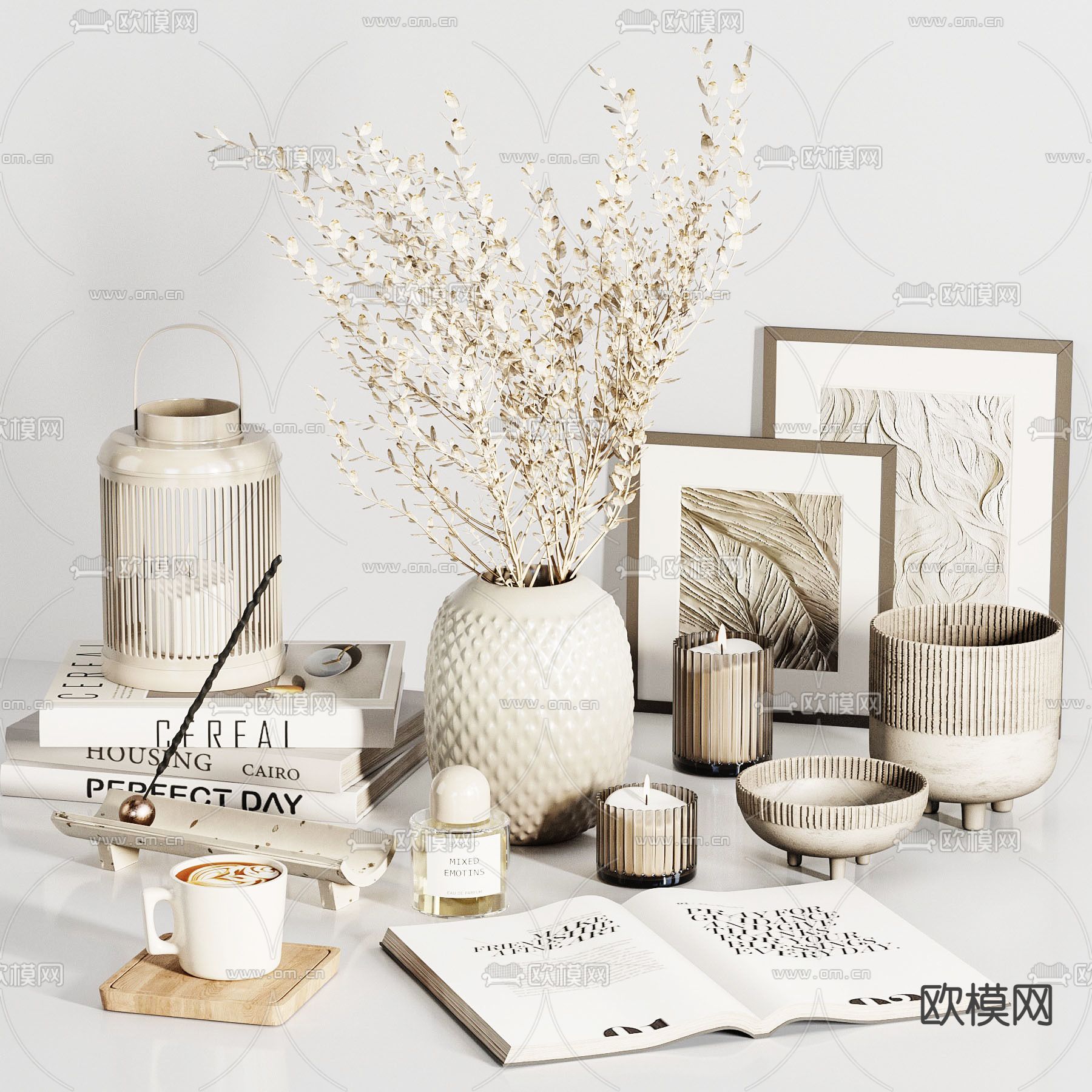 北欧干花花瓶相框饰品摆件3d模型下载（渲染图1）