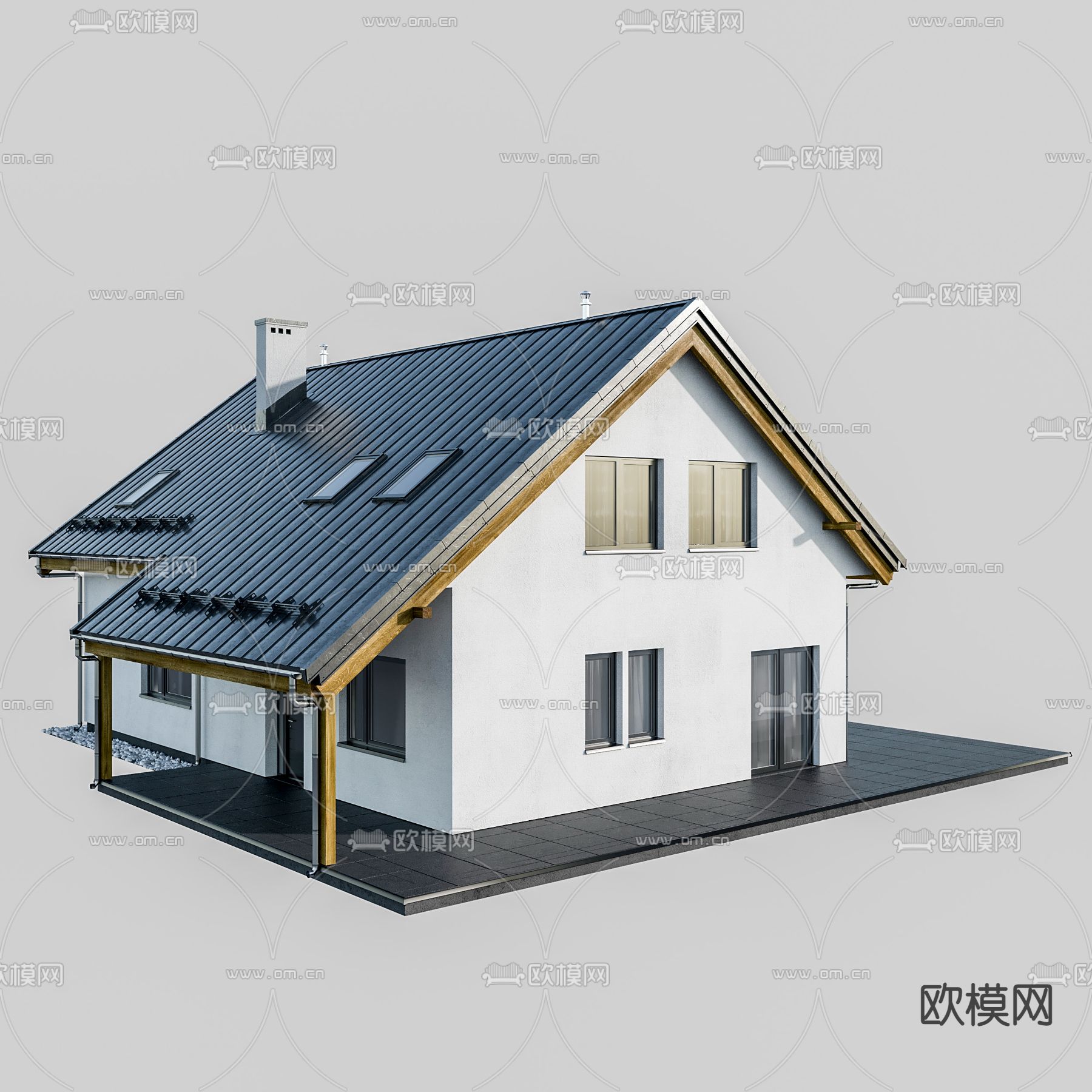 现代独栋别墅单楼外观3d模型下载（渲染图3）