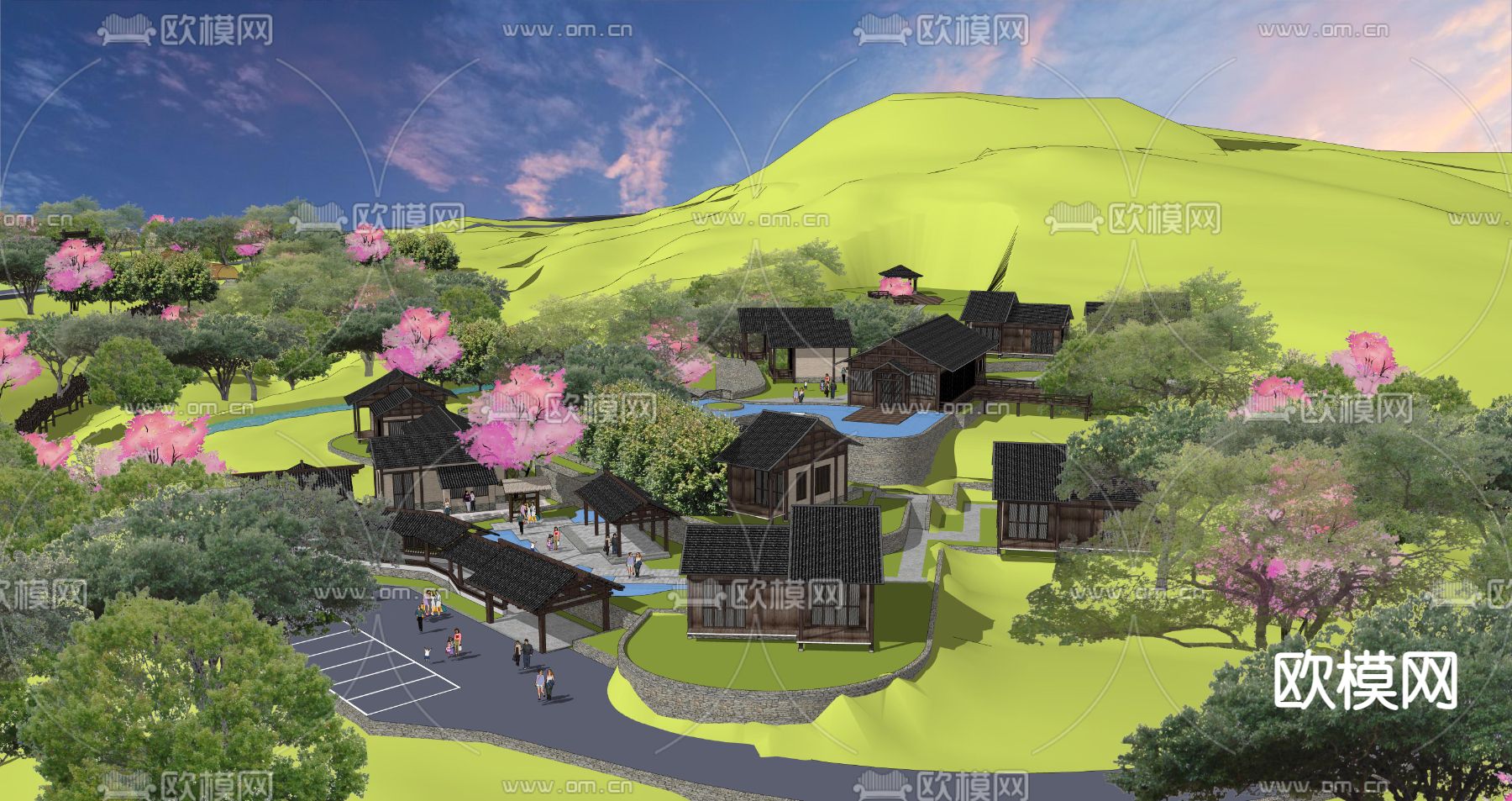 新中式山地民宿鸟瞰su模型下载（渲染图2）