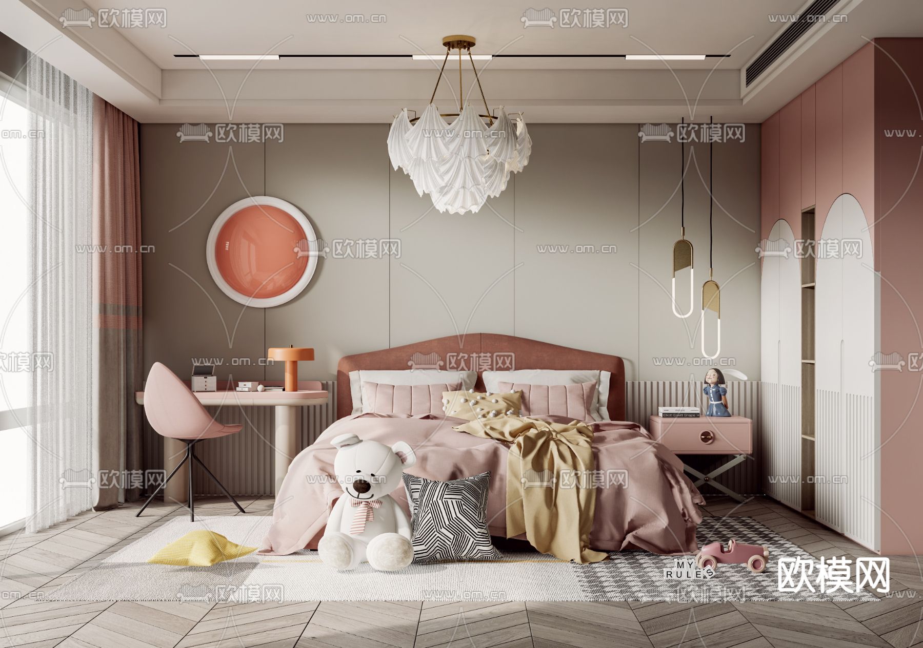 现代儿童房女孩房su模型