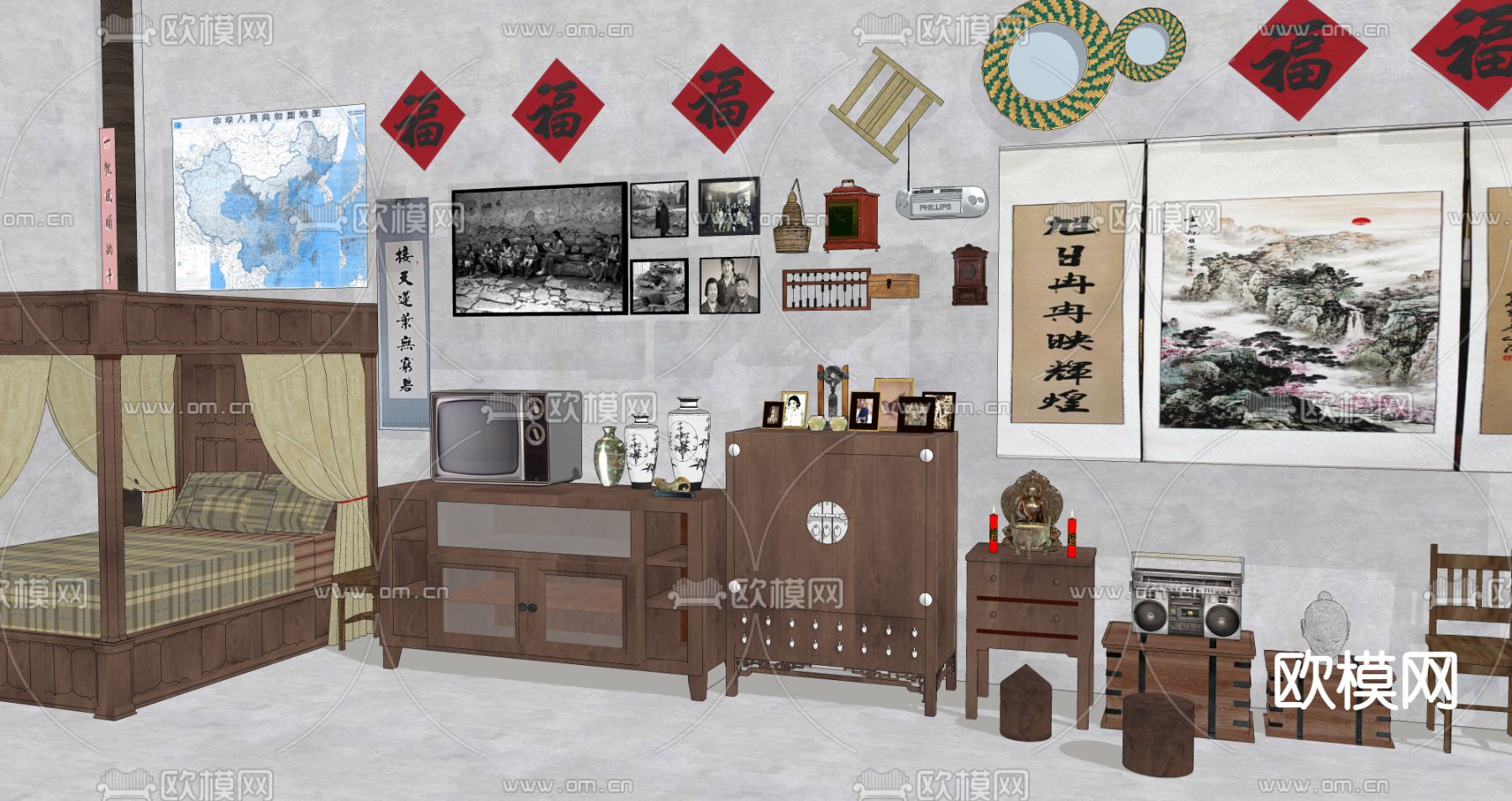 中式老物件老家具su模型下载（渲染图2）