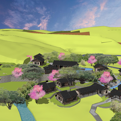  新中式山地民宿鸟瞰su模型 