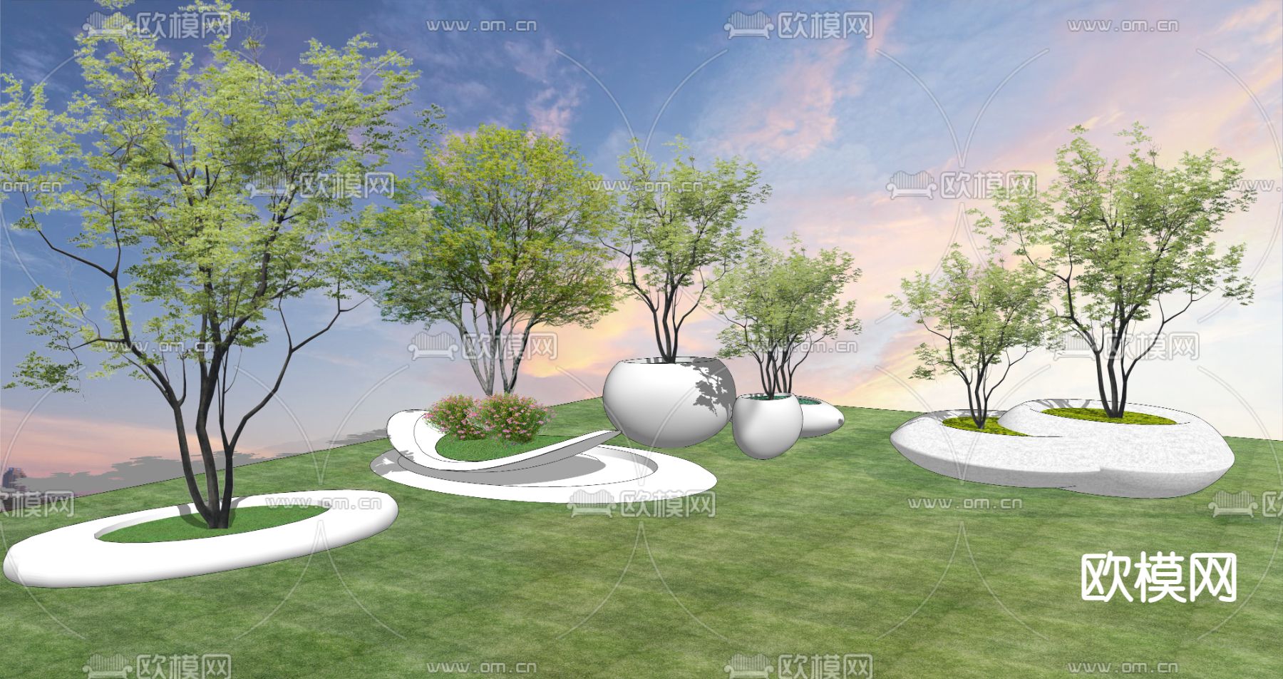 现代树池花坛公用椅su模型下载（渲染图4）