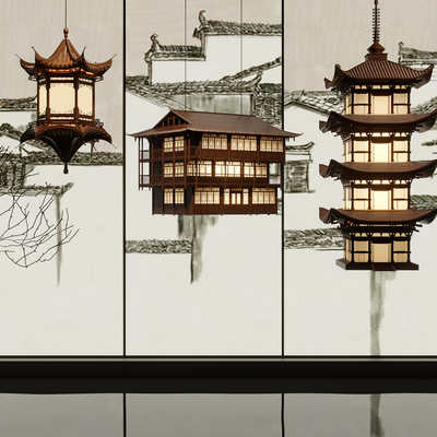 新中式古建吊灯su模型