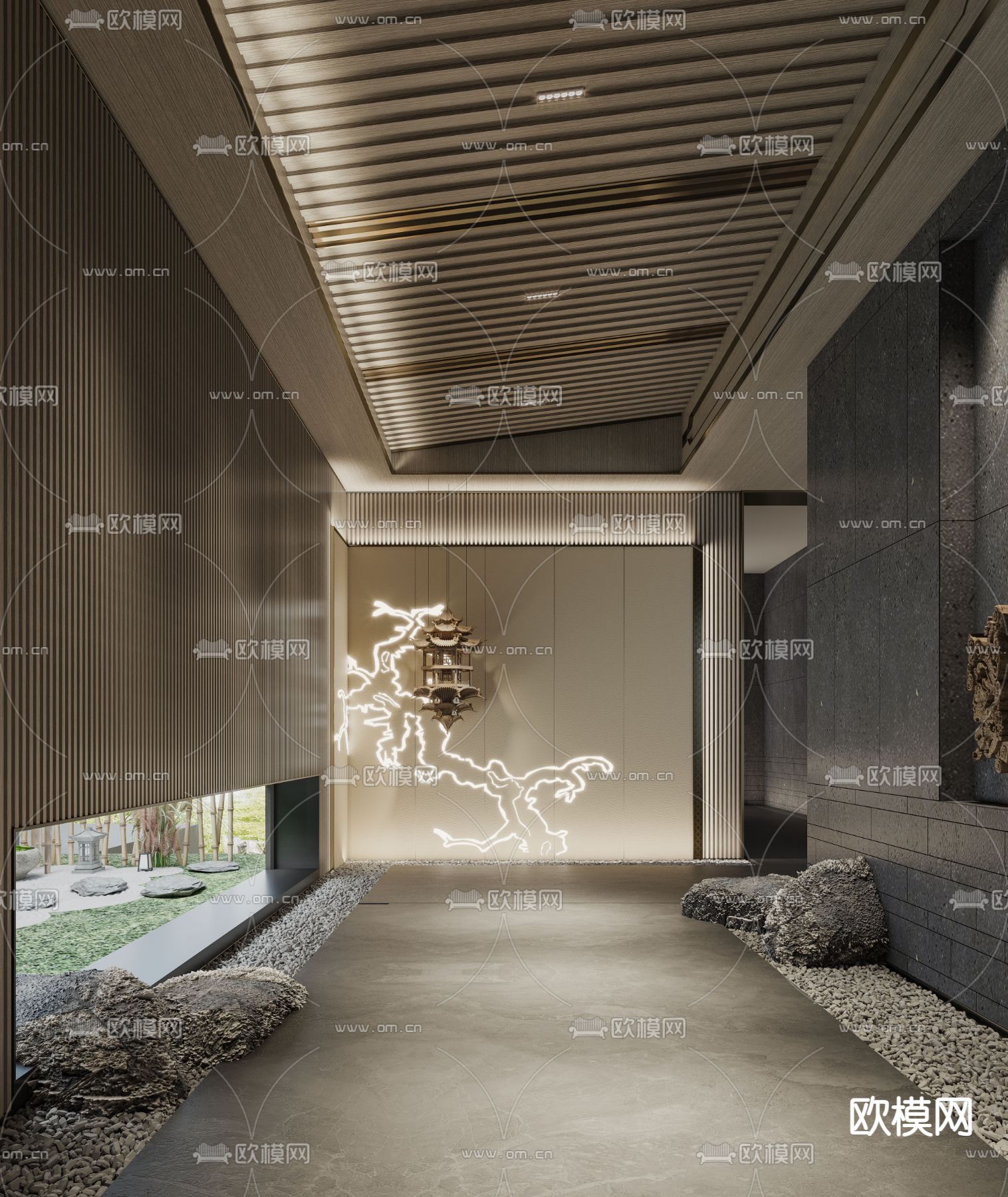 新中式售楼处玄关过道3d模型下载