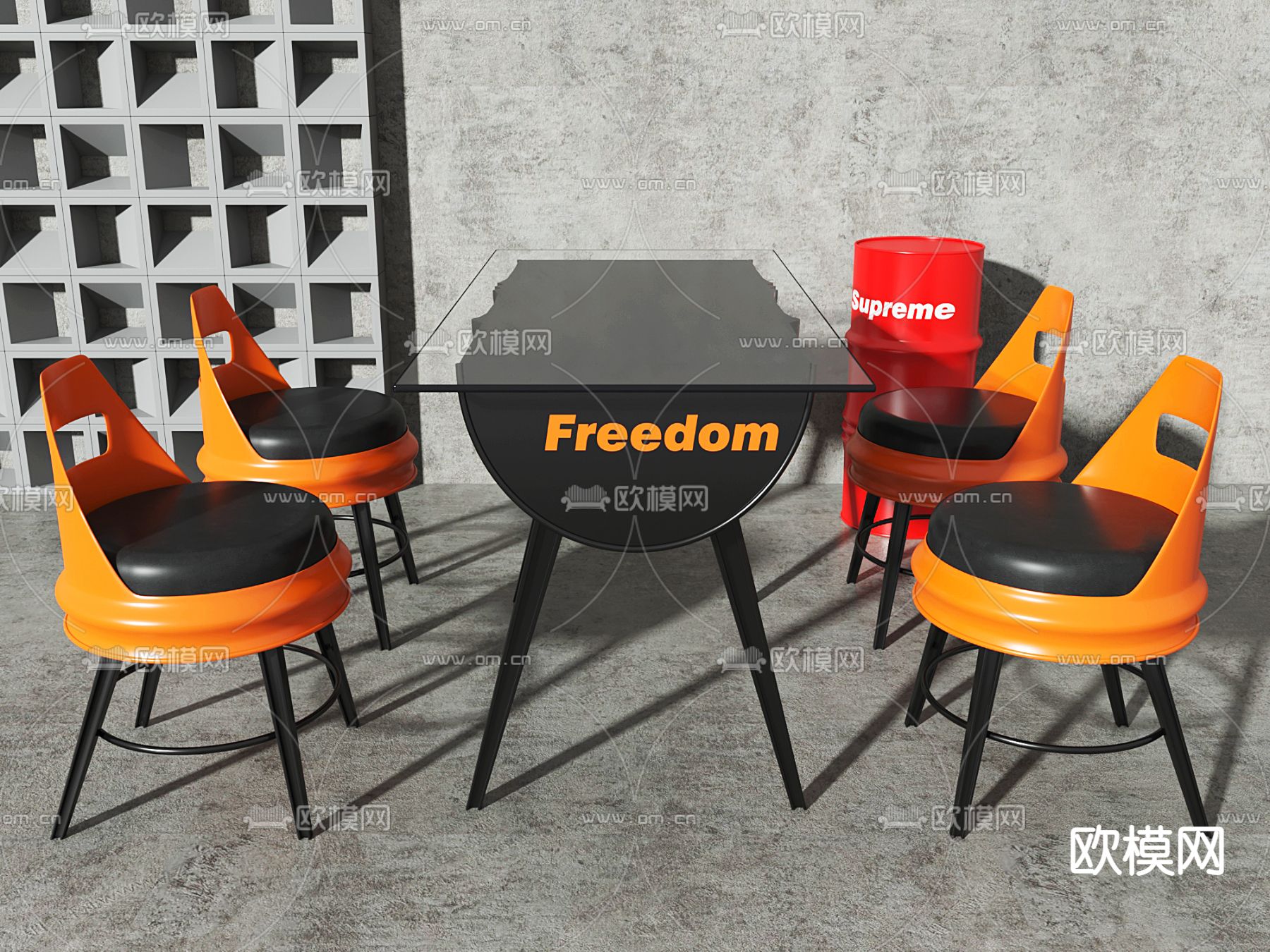 工业风油桶餐桌椅su模型下载（渲染图1）