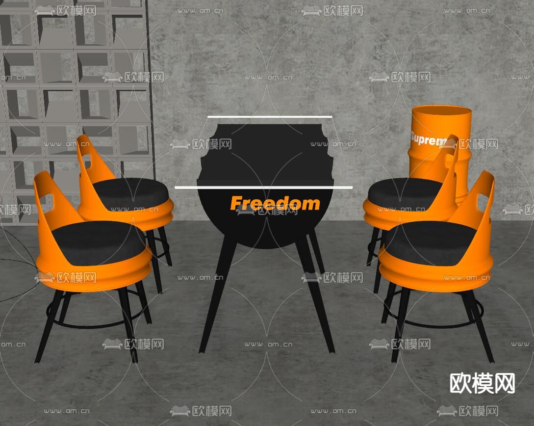 工业风油桶餐桌椅su模型下载（渲染图3）