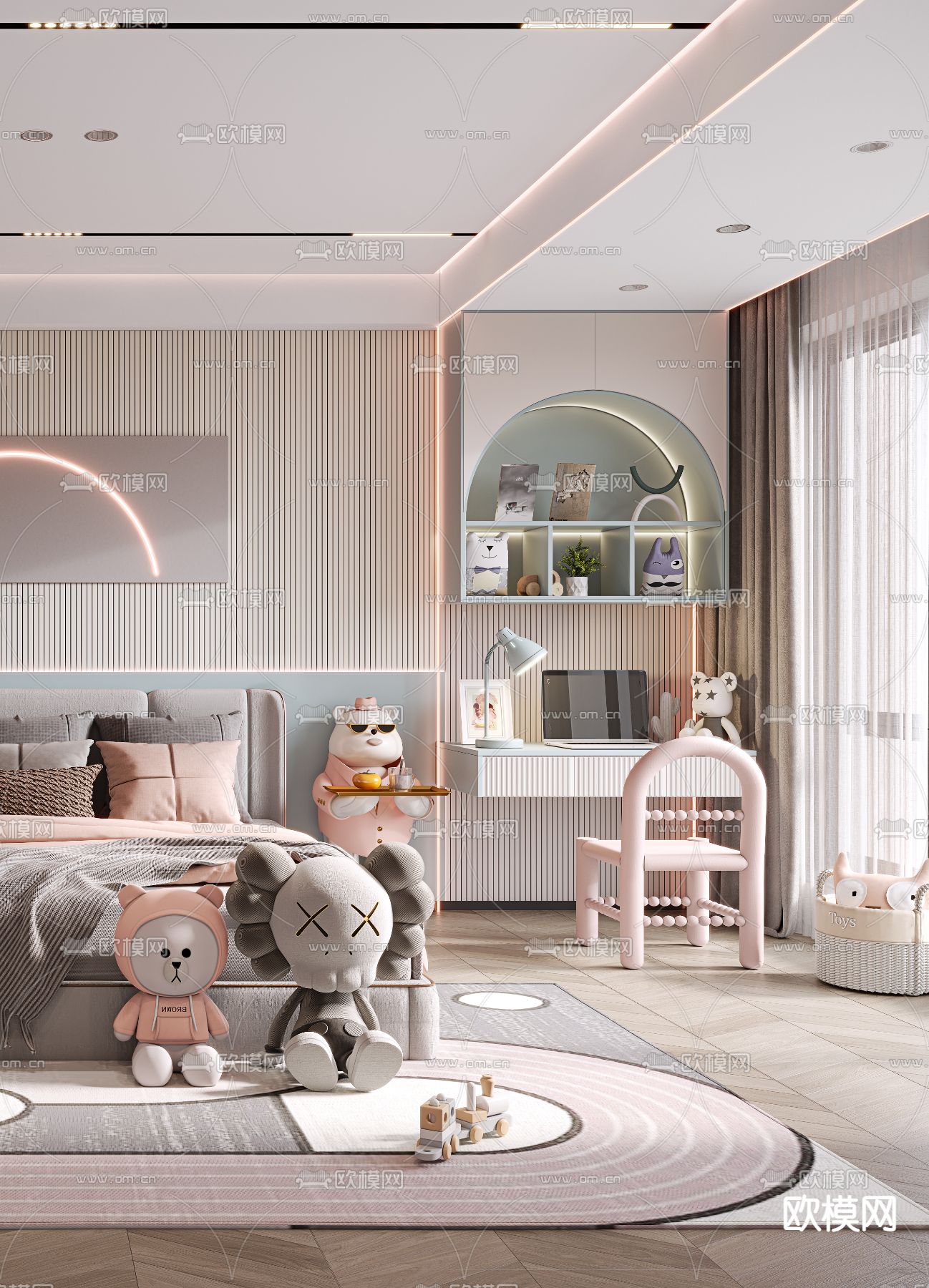 现代儿童房女孩房3d模型下载（渲染图1）