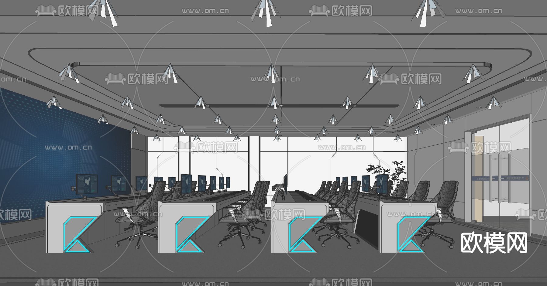 现代监控指挥室su模型下载（渲染图3）