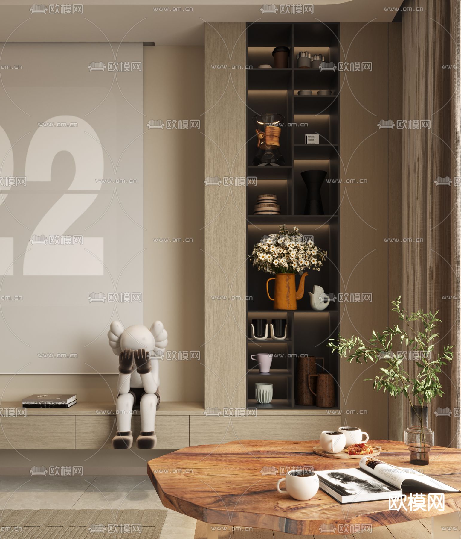 新中式蒲团木墩茶桌椅3d模型下载（渲染图1）