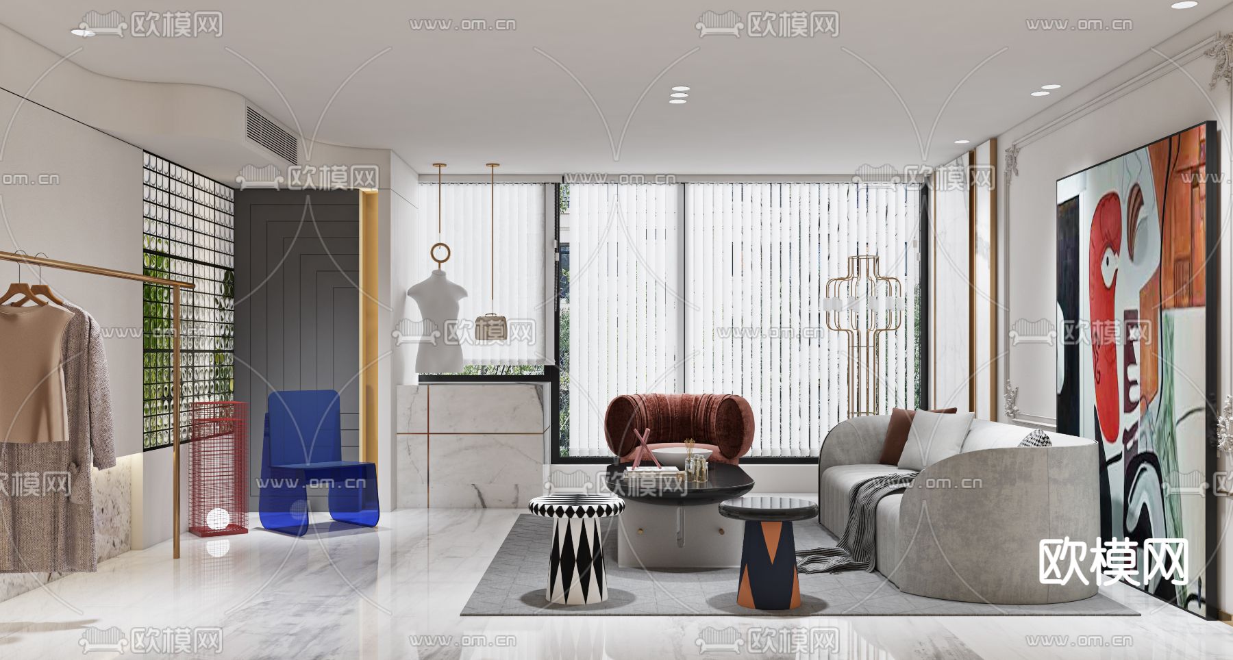 孟菲斯复式客厅3d模型下载（渲染图2）