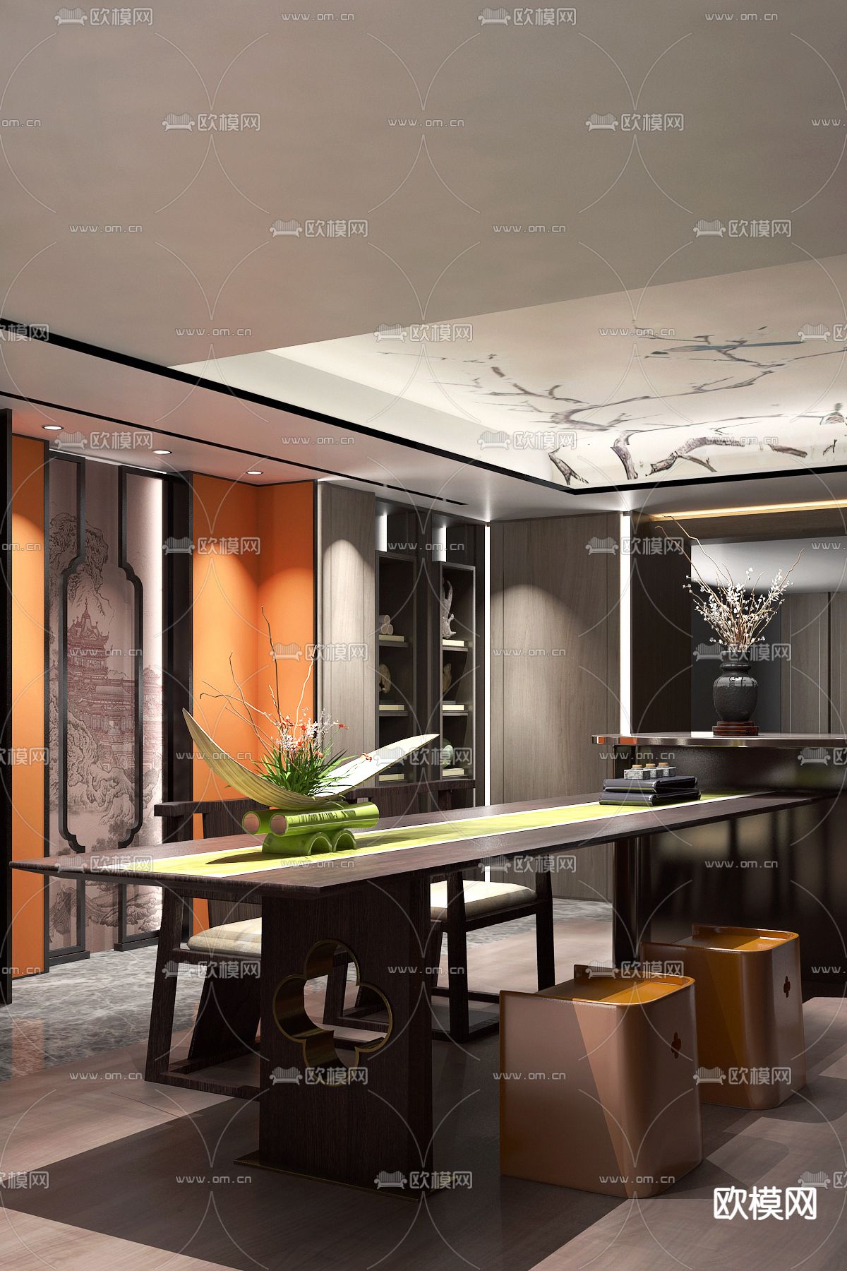 派尚设计 新中式茶室3d模型下载（渲染图1）