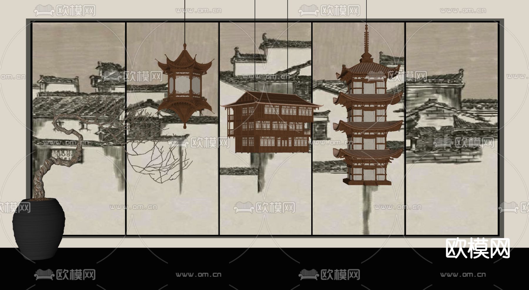 新中式古建吊灯su模型