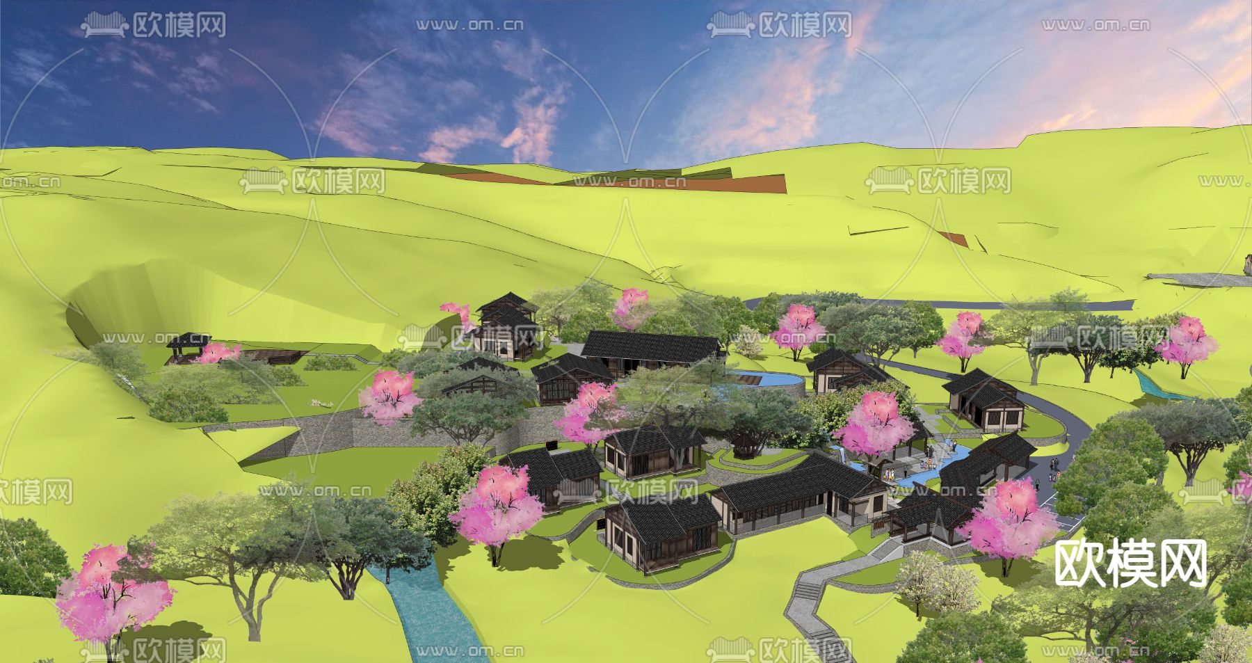 新中式山地民宿鸟瞰su模型下载（渲染图1）