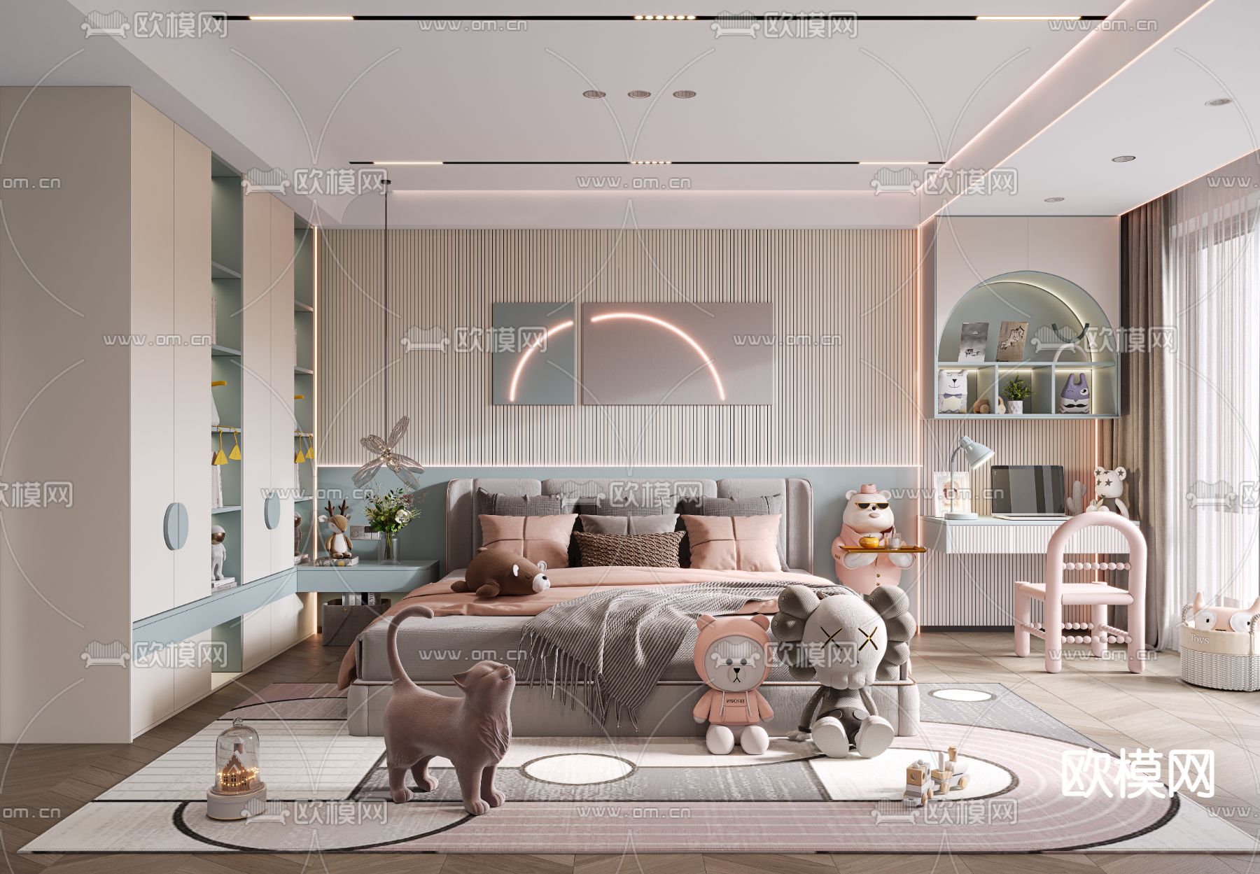 现代儿童房女孩房3d模型下载（渲染图2）