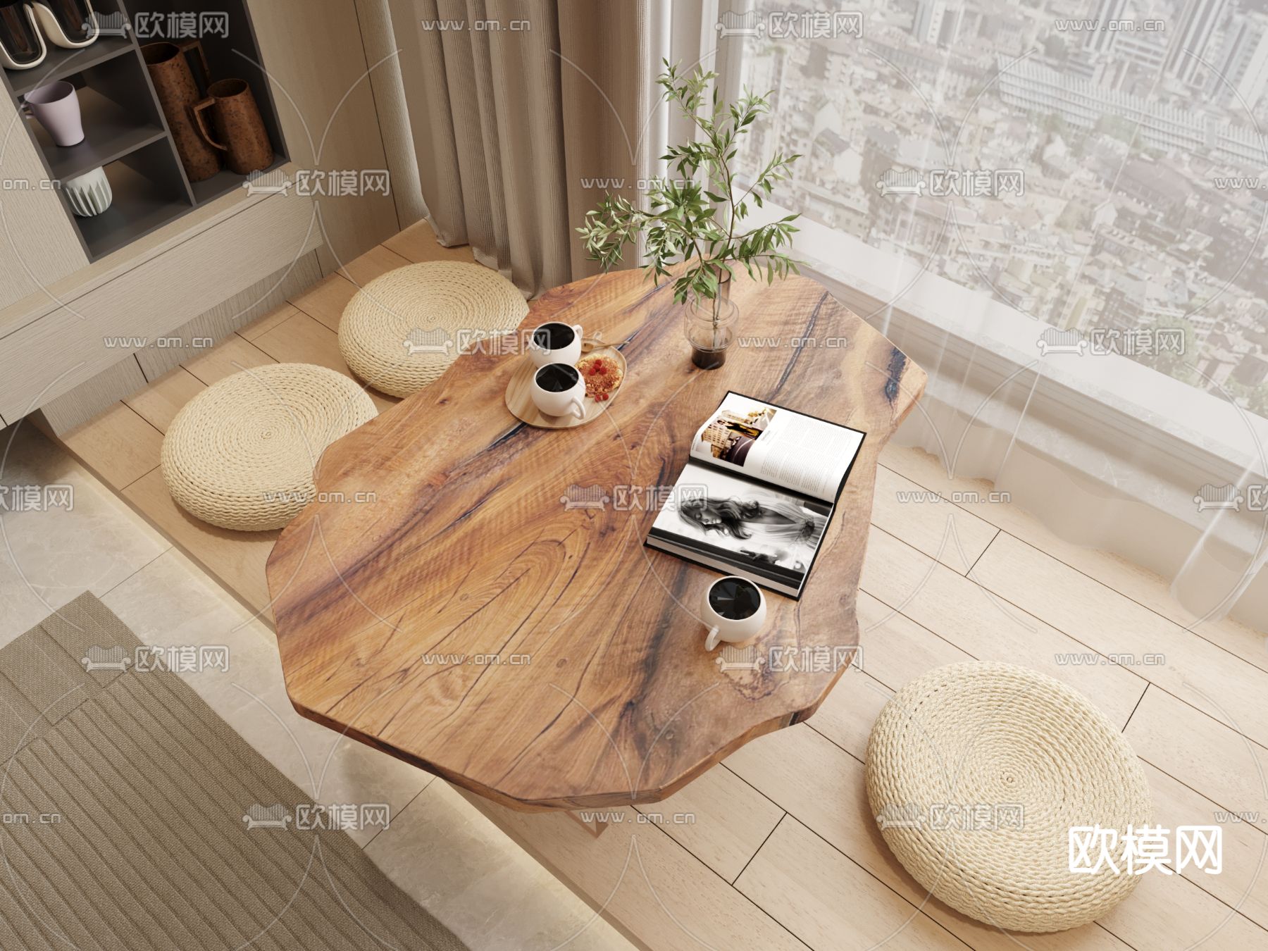 新中式蒲团木墩茶桌椅3d模型下载（渲染图2）
