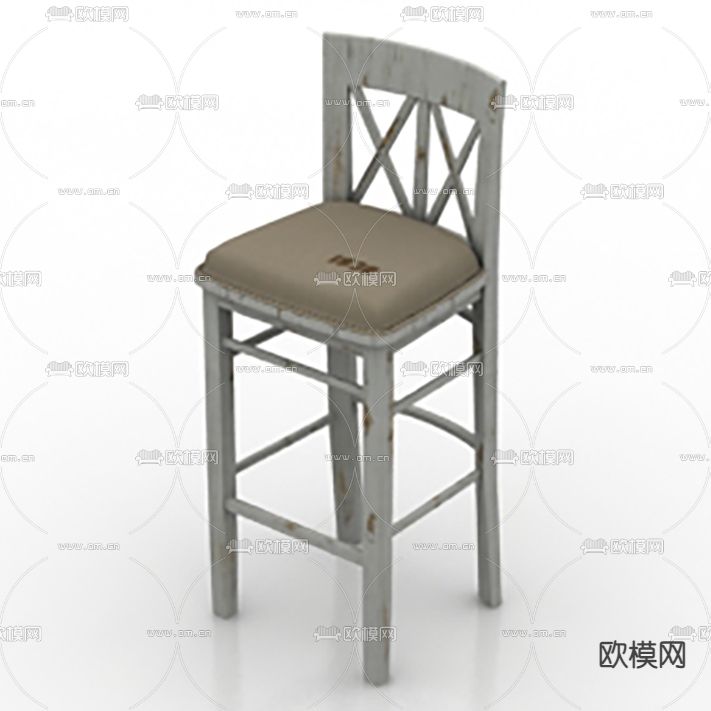 美式复古做旧实木皮革吧台椅免费3d模型下载