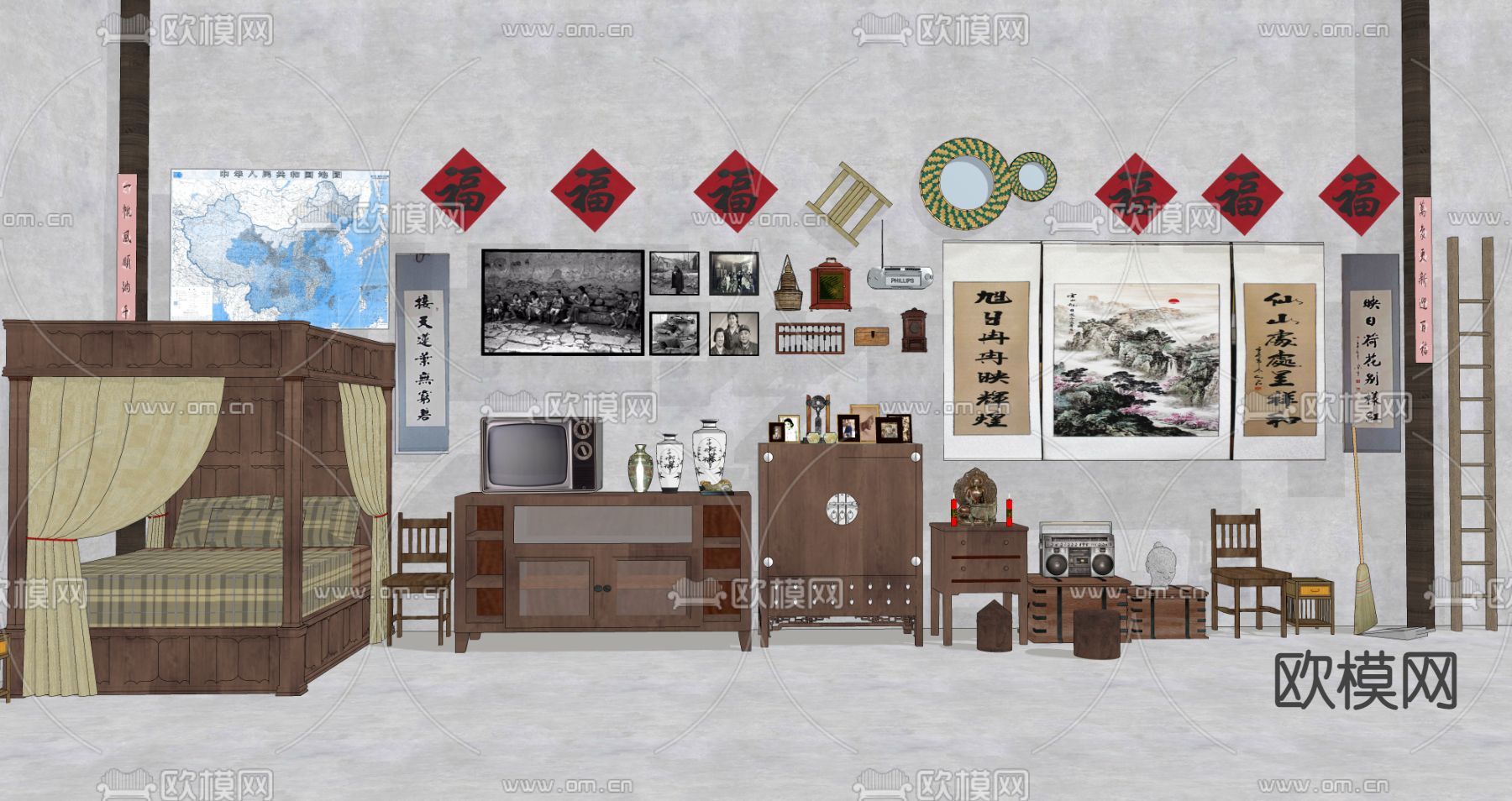 中式老物件老家具su模型下载（渲染图1）