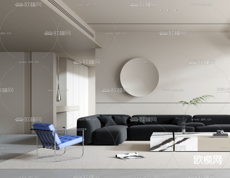 现代奶油风客厅3d模型下载(渲染图2)