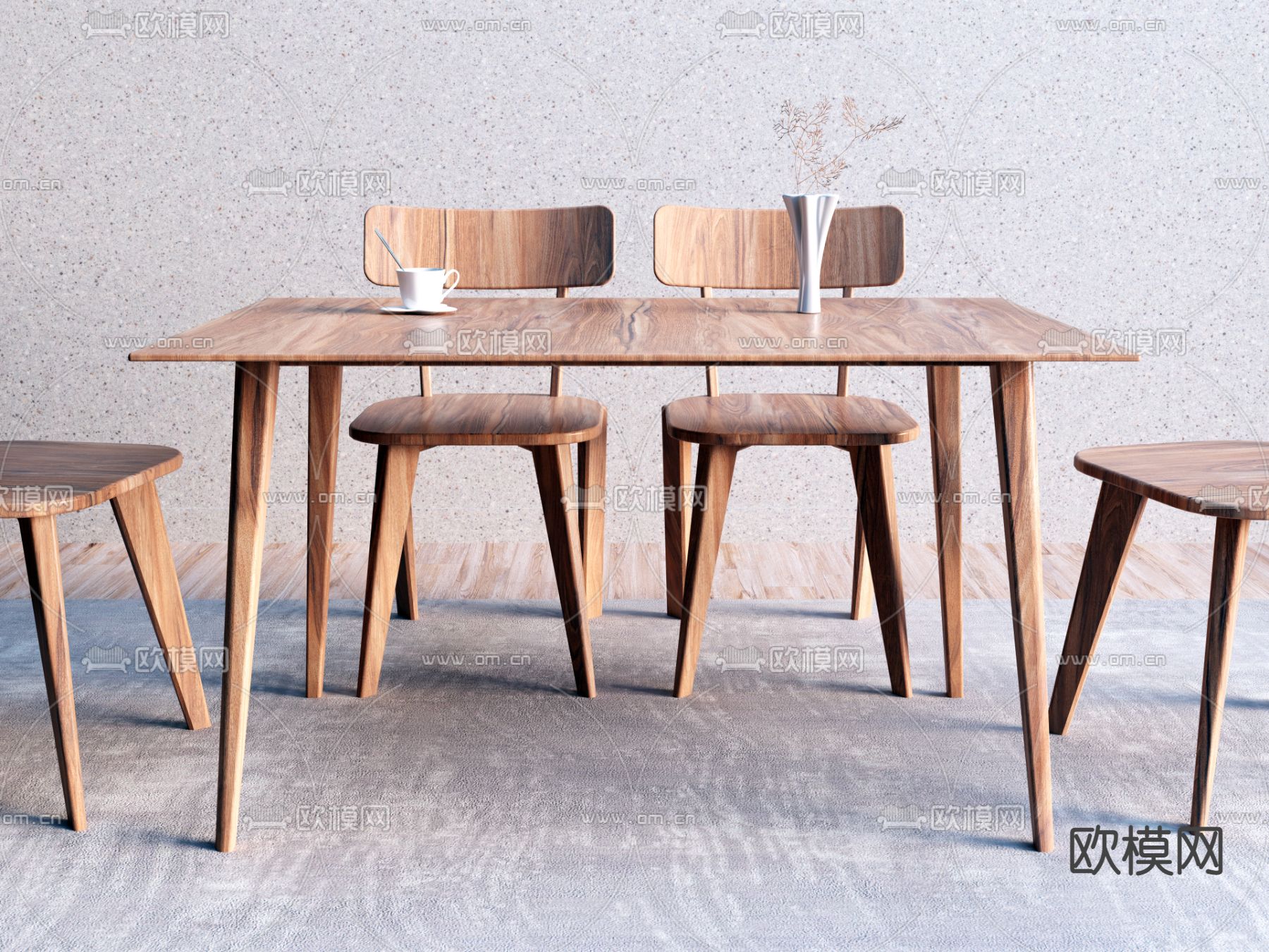 北欧胡桃木餐桌椅3d模型下载