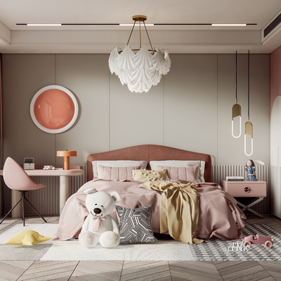 现代儿童房女孩房su模型