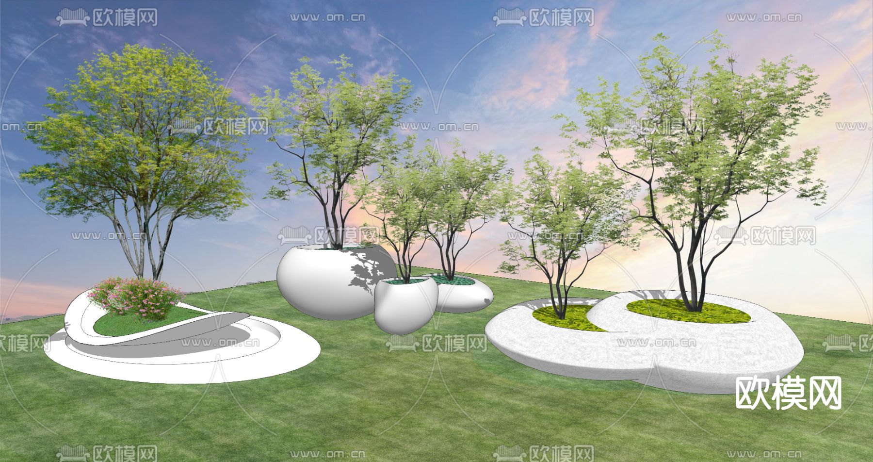 现代树池花坛公用椅su模型下载（渲染图2）
