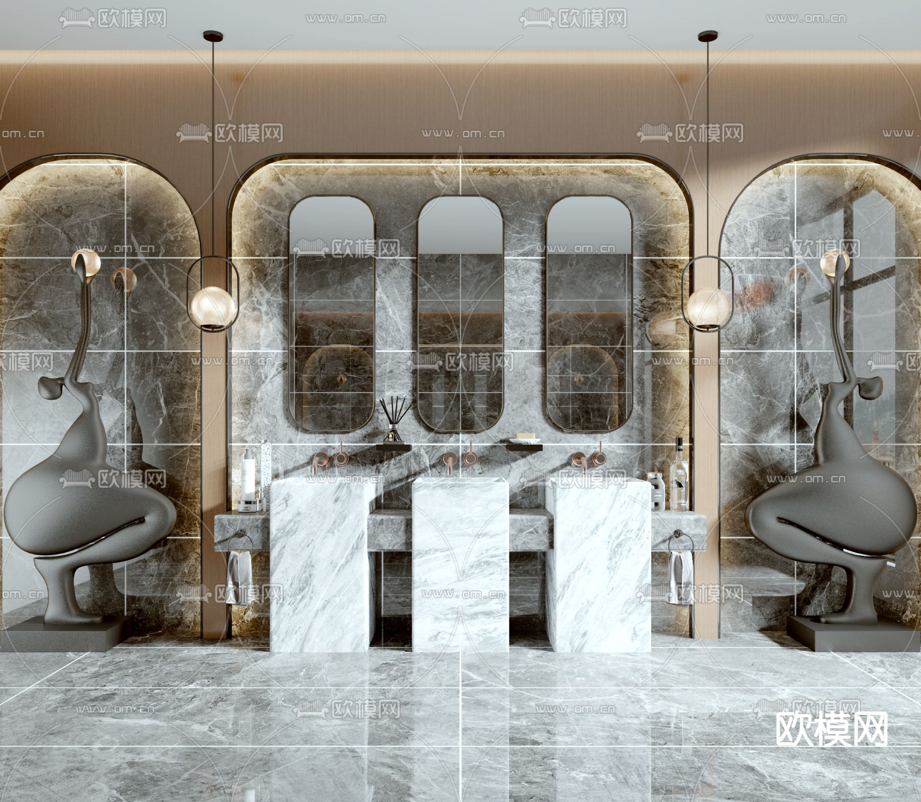 奶油风卫生间浴室 洗手间3d模型下载_ID12119546_3dmax免费模型-欧模网