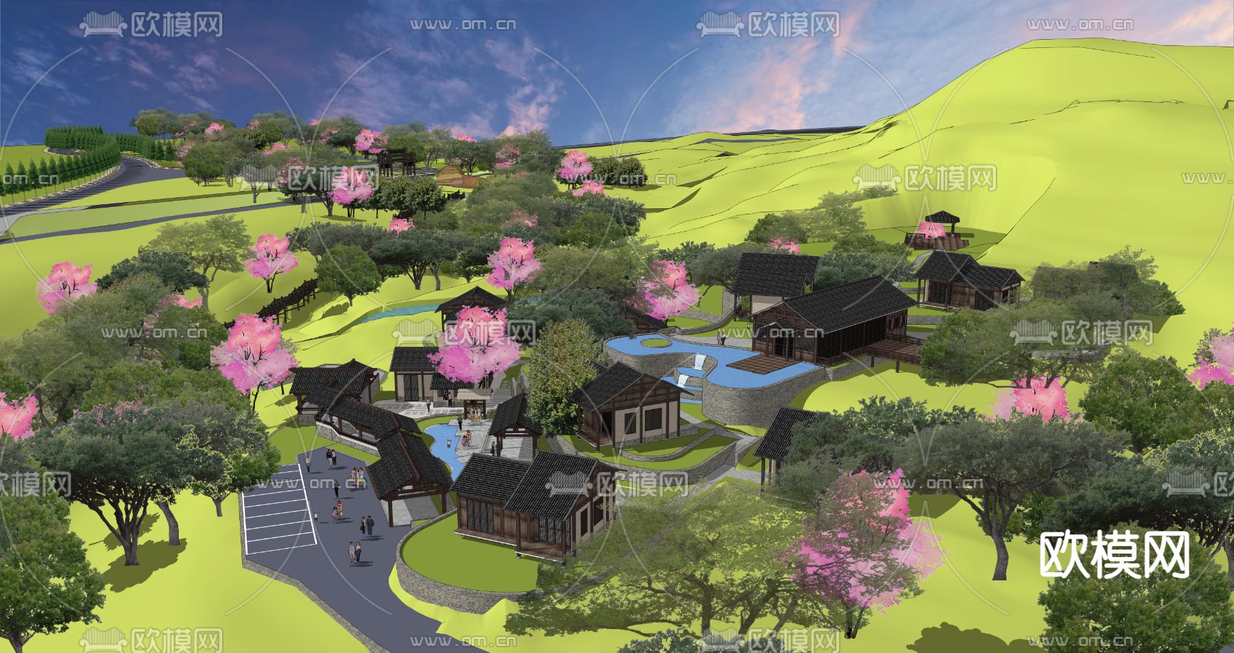 新中式山地民宿鸟瞰su模型下载（渲染图4）