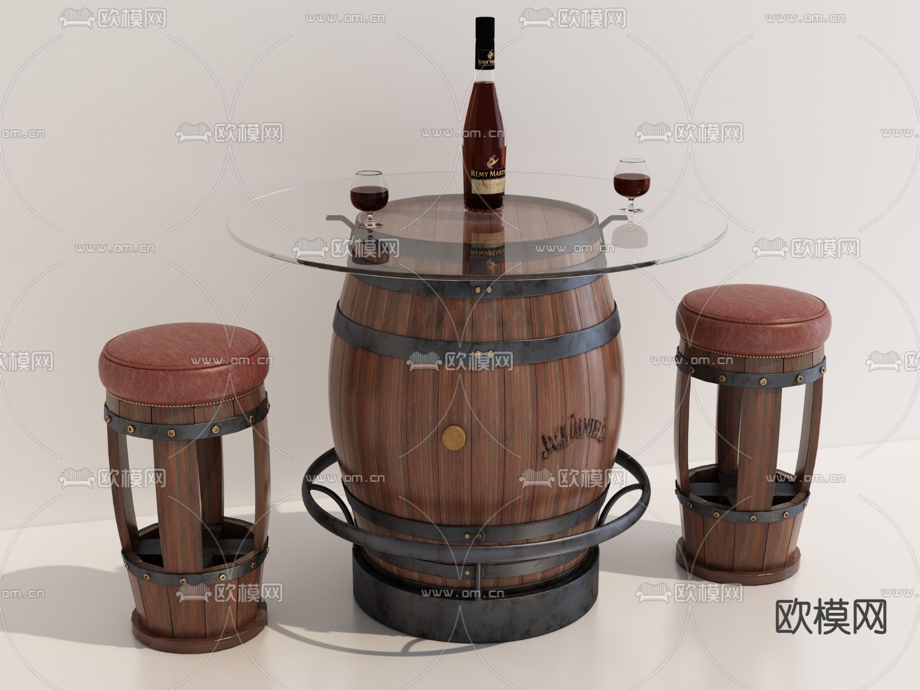 工业风酒桶休闲桌椅3d模型下载