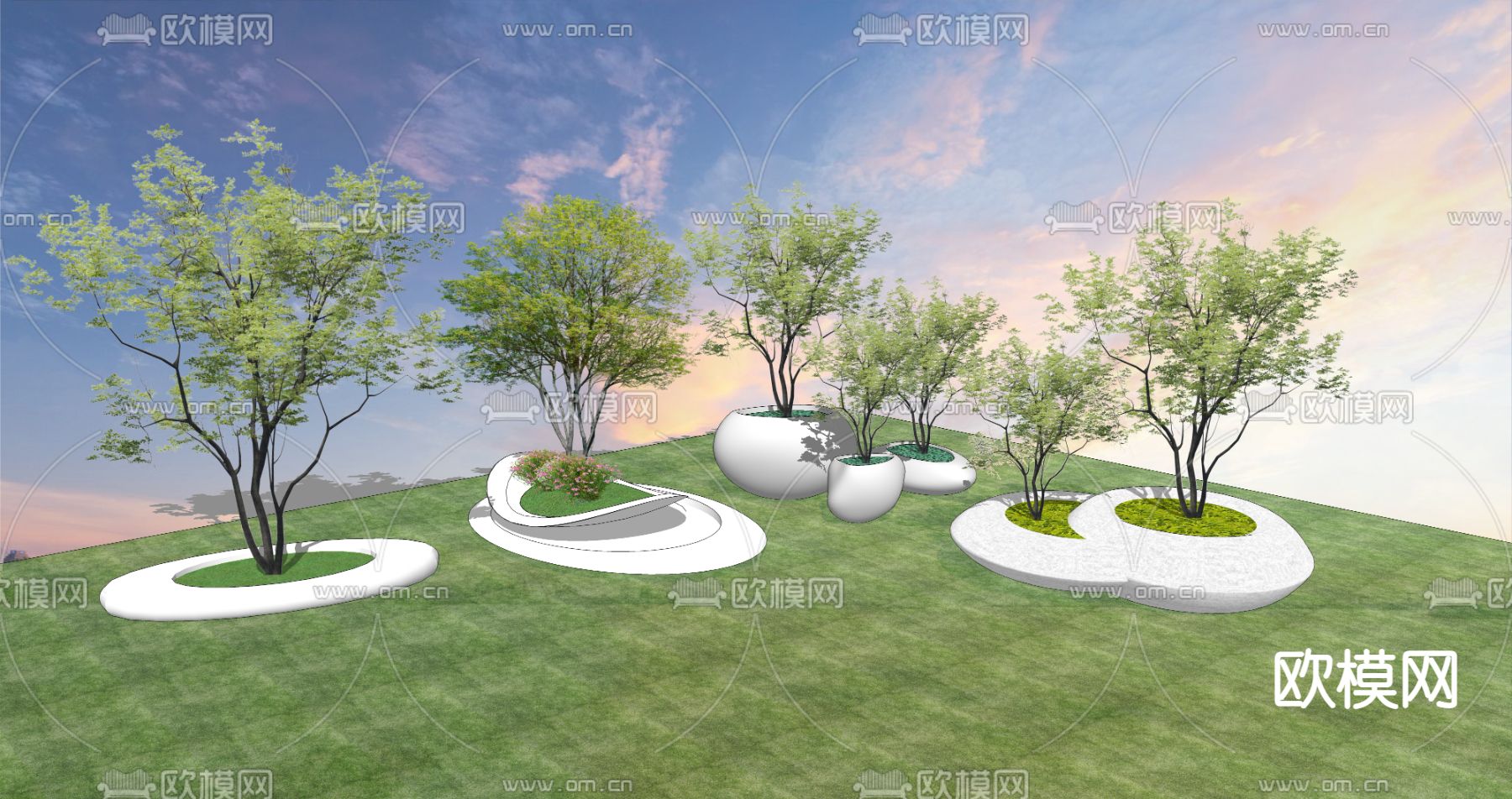 现代树池花坛公用椅su模型下载（渲染图1）