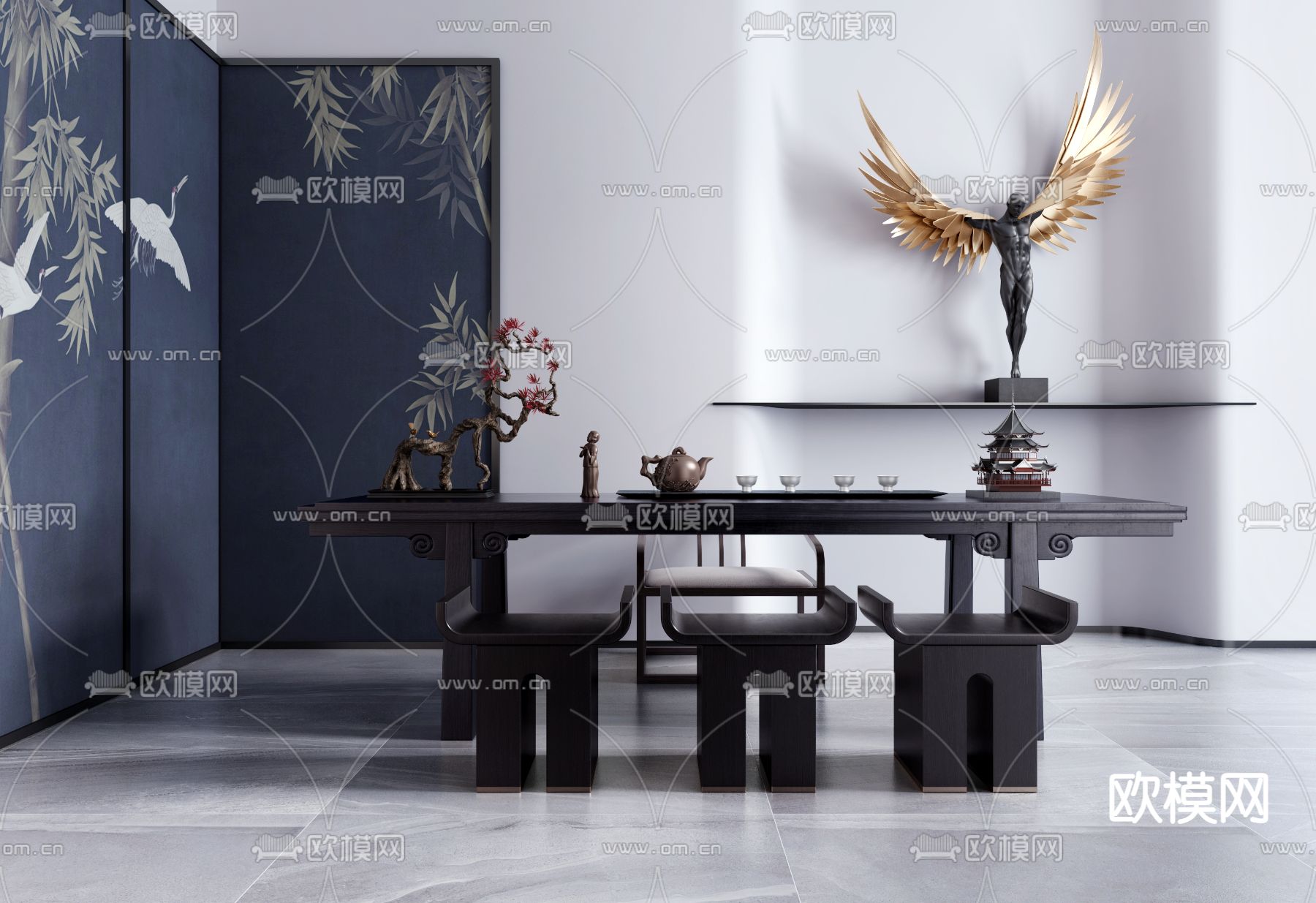 新中式黑檀木茶桌椅3d模型下载
